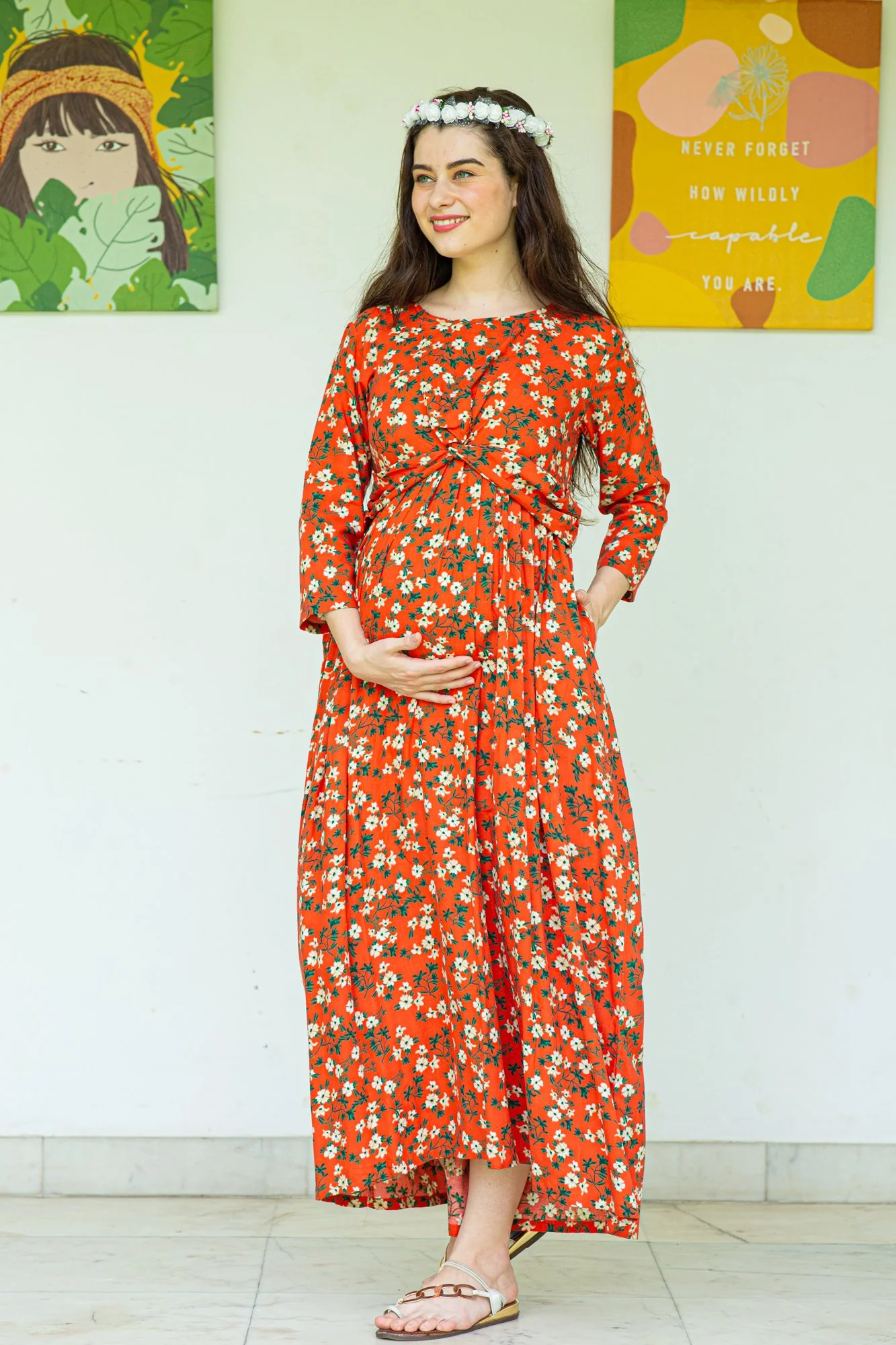 Playful Tangerine Maternity Knot Dress - Chenance