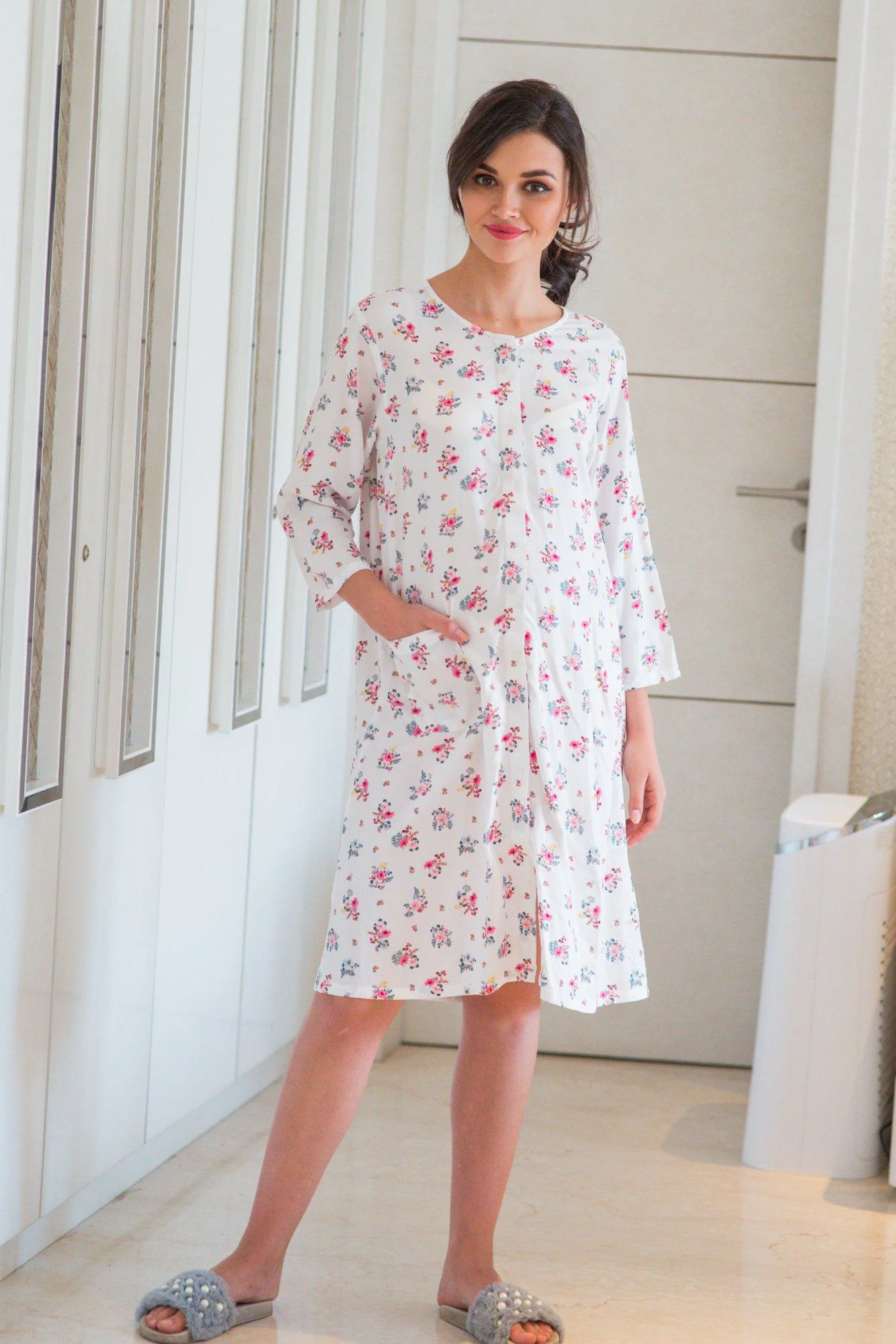 White Floral Maternity & Nursing Night Shirt Dress - Chenance
