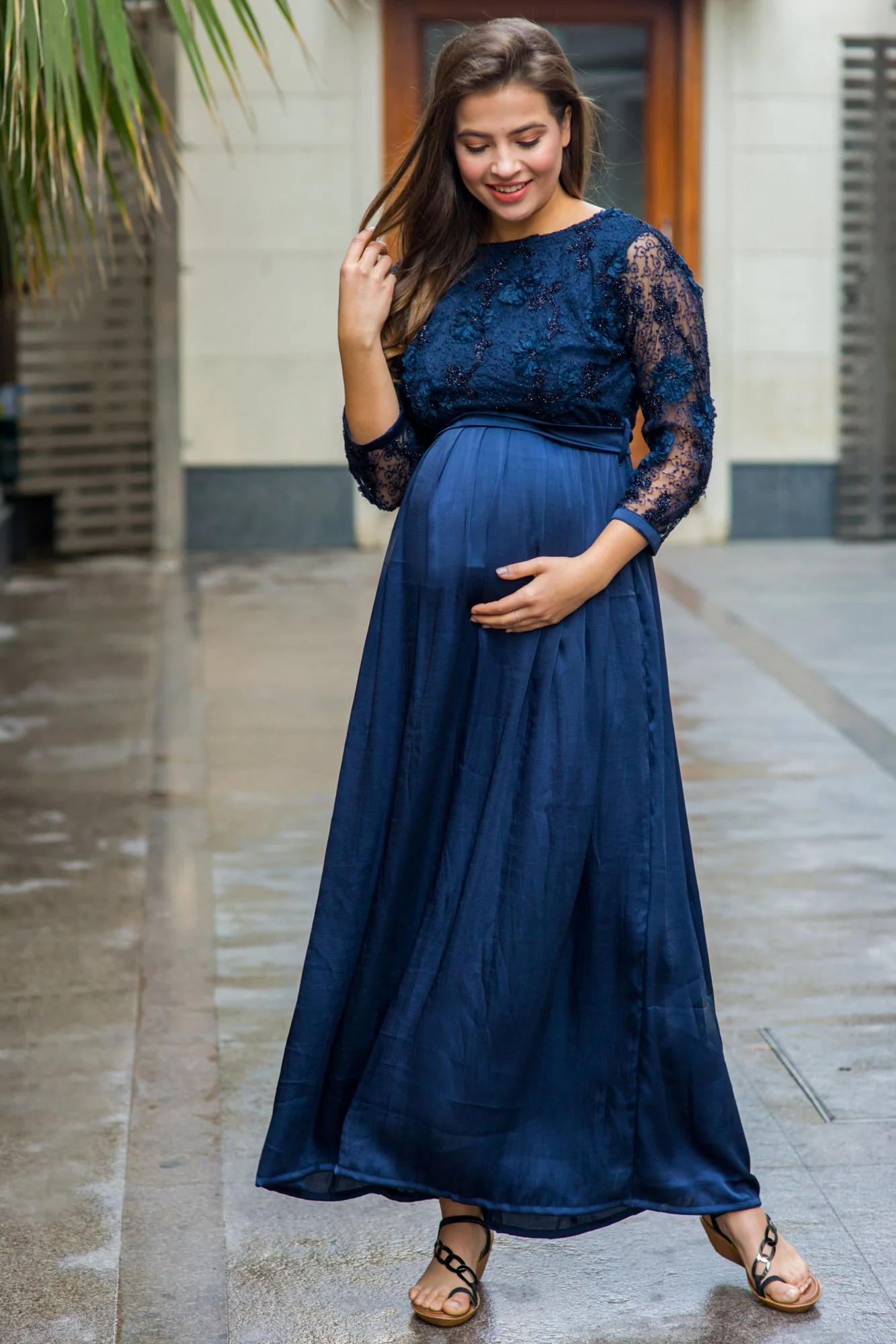 Luxe Elegant Blue Lace Embroidered Maternity Dress - Chenance