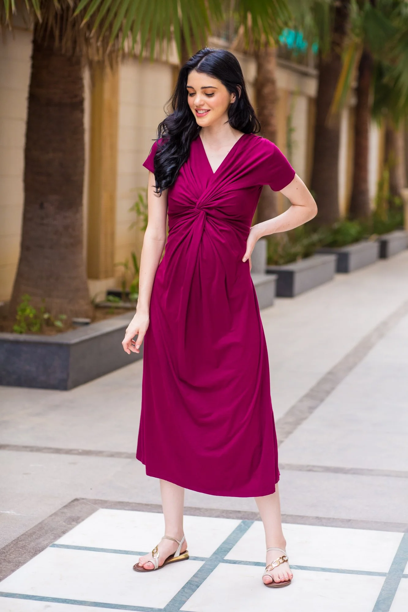 Maroon Berry Front Knot Lycra Maternity Dress - Chenance