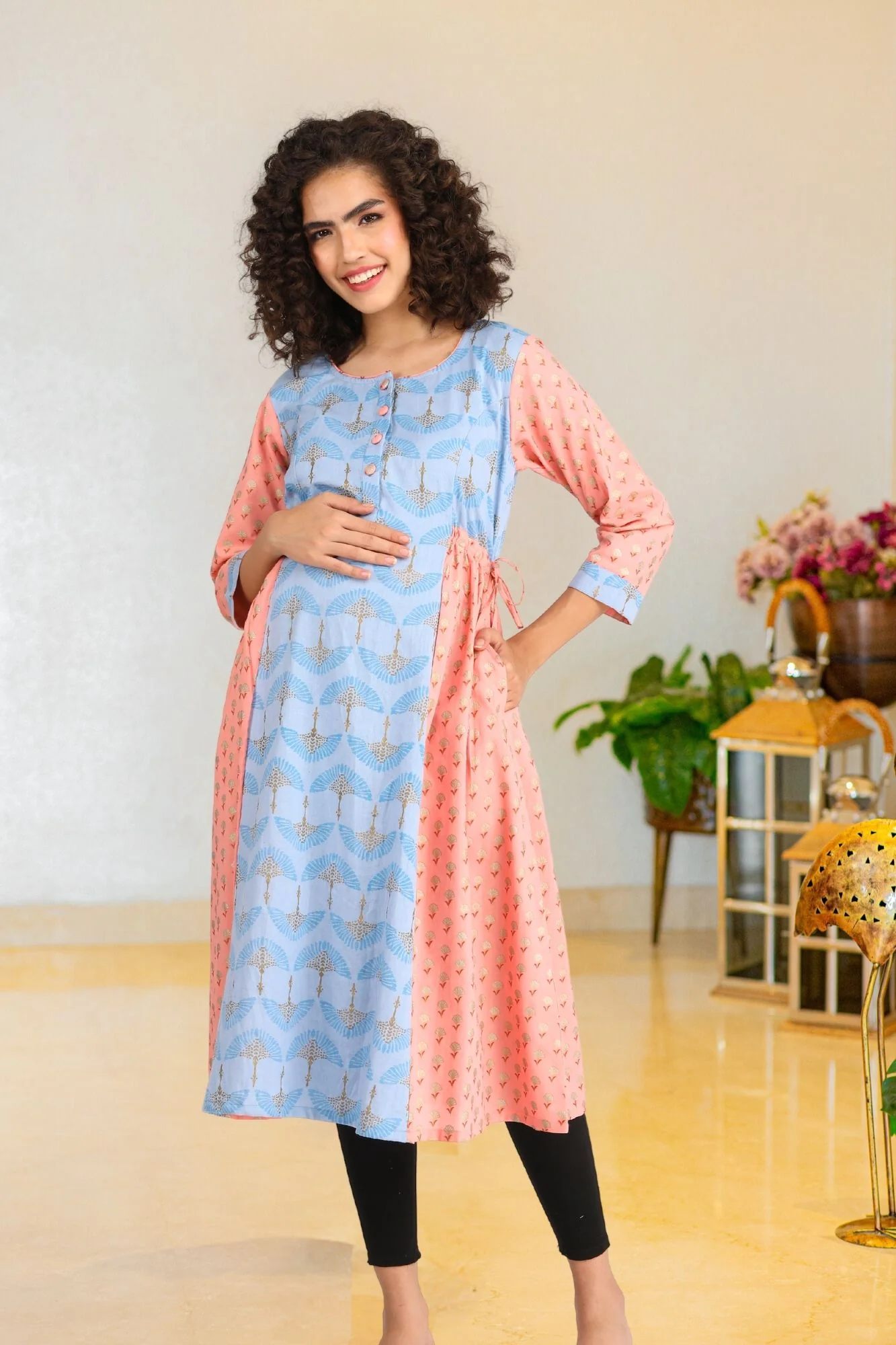 Ice Blue Gold Peach Maternity & Nursing Side Tie Kurta Dress (100% Cotton) - Chenance