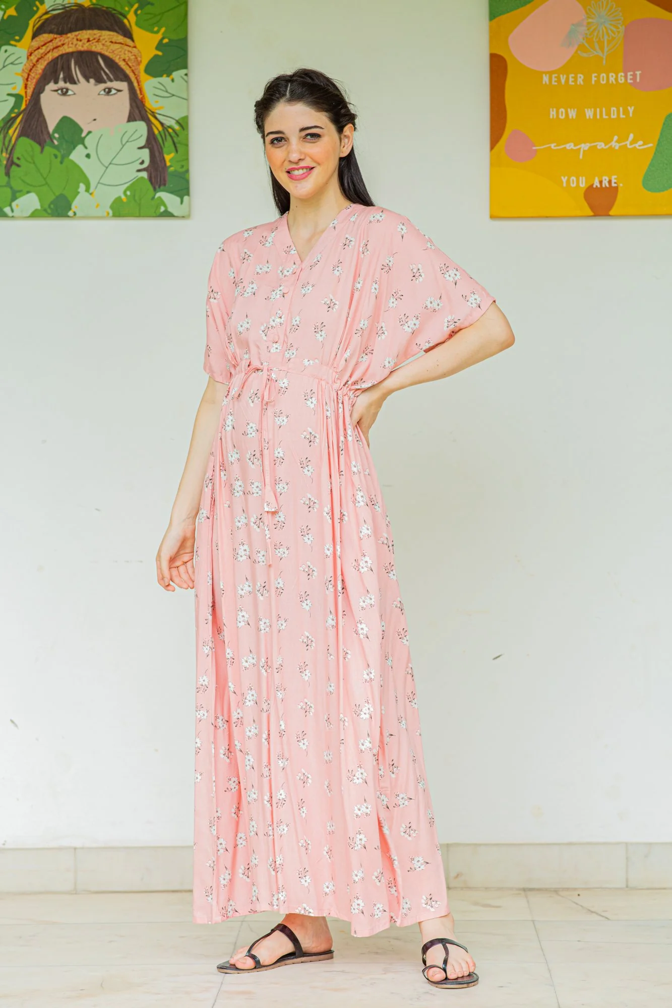 Pink Floral Maternity & Nursing Dress / Delivery Gown/ Night Dress - Chenance