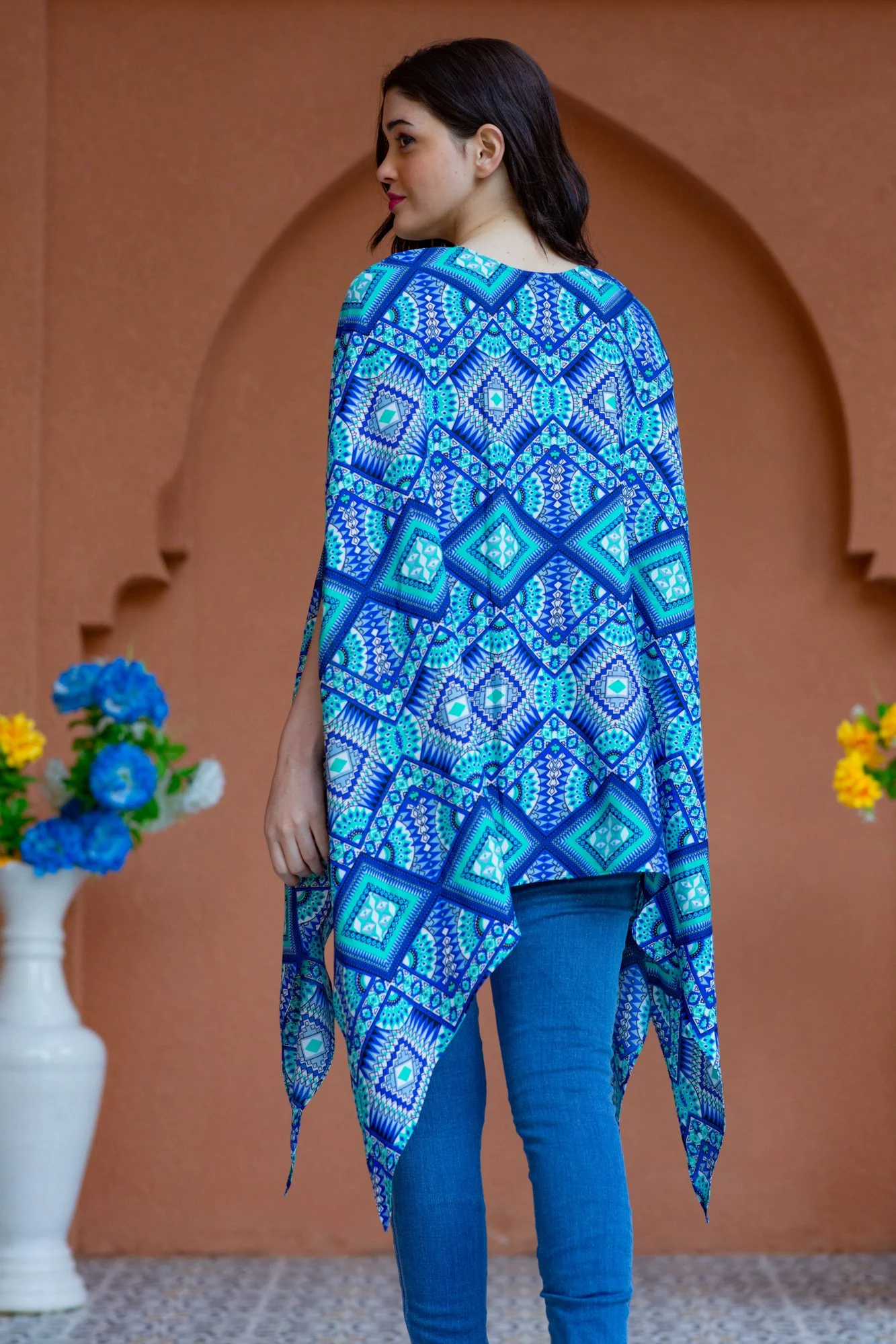 Free Size Aqua Aztec Maternity Poncho - Chenance