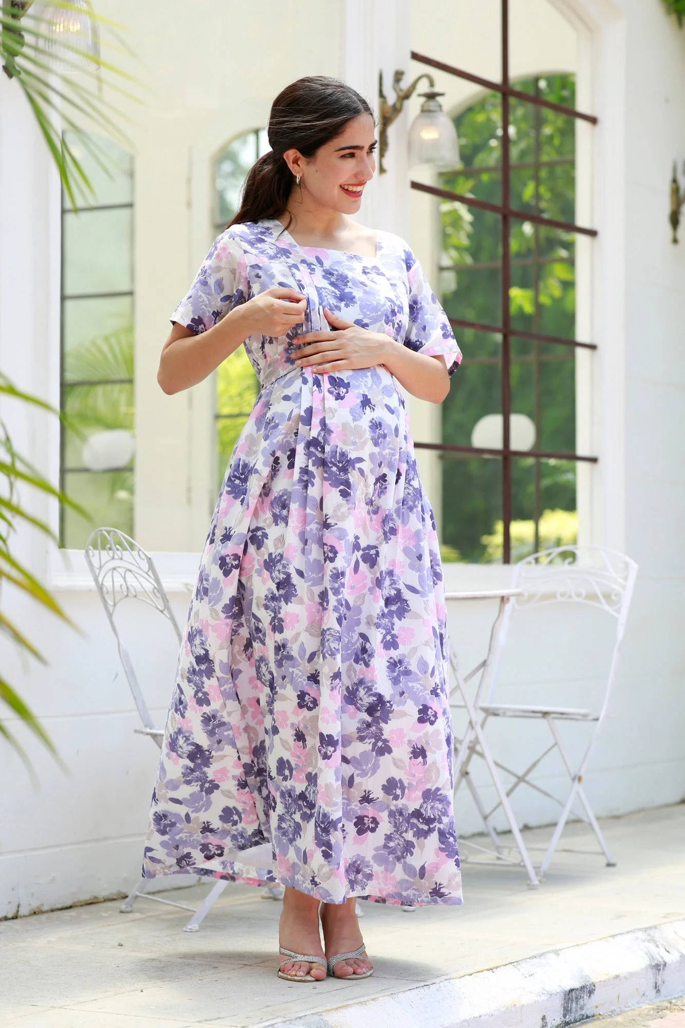 Restful Lavender Floral Maternity & Nursing Concealed Zips Night Dress - Chenance