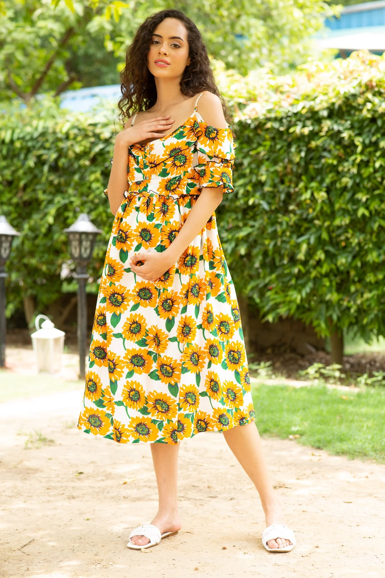 Merry Blossom Yellow Off Shoulder Front Zip Maternity & Nursing Dress - Chenance