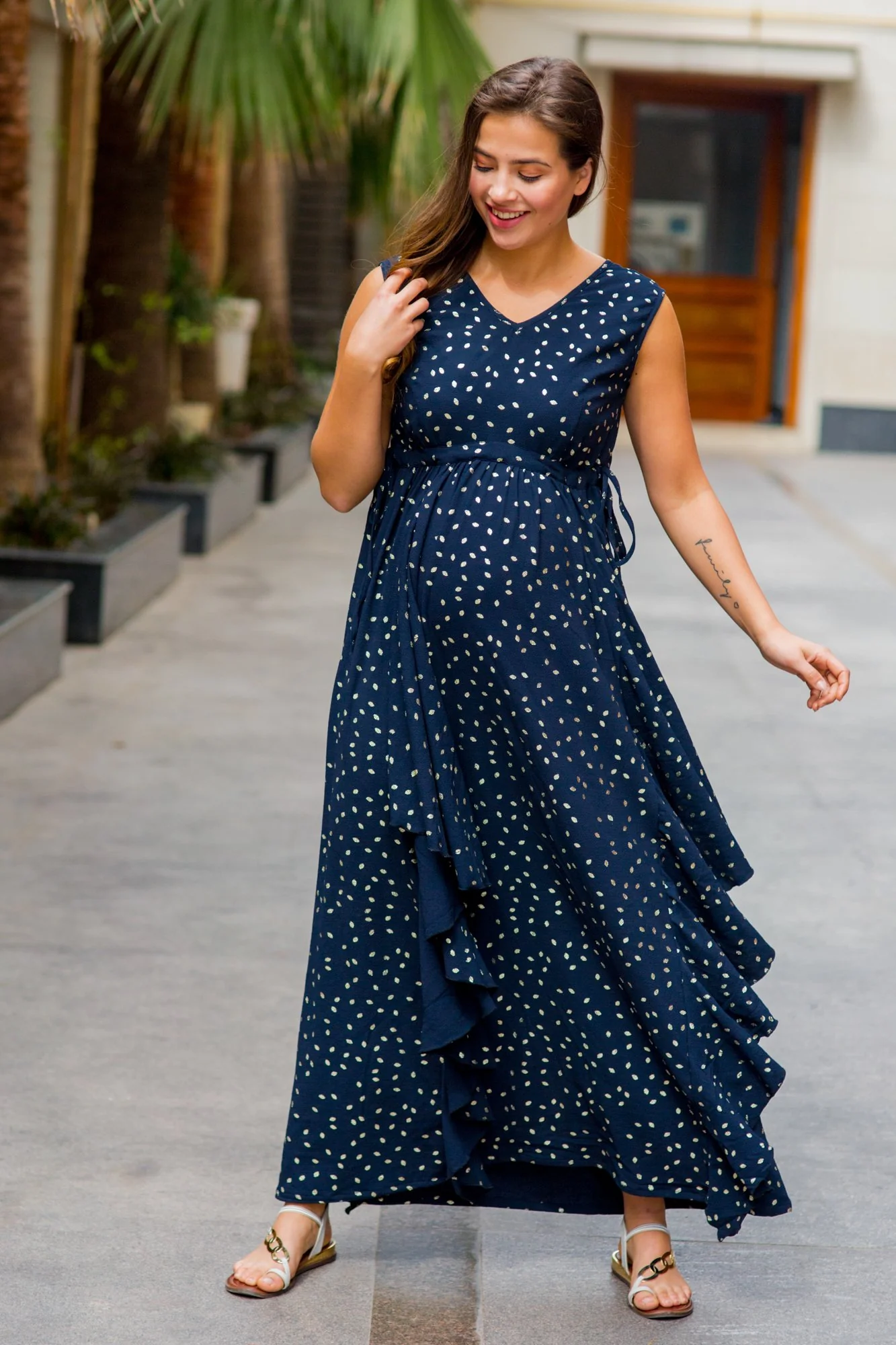 Luxe Navy Gold Speckle Embellished Maternity Flow Dress - Chenance