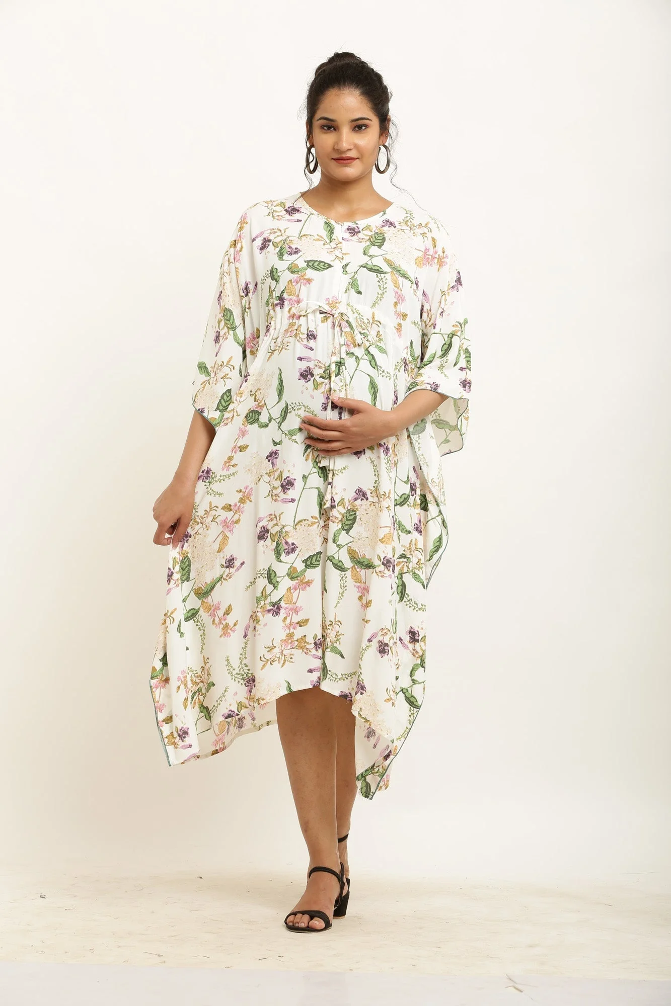 Ivory Blooming Leafy Maternity & Nursing Kaftan - Chenance