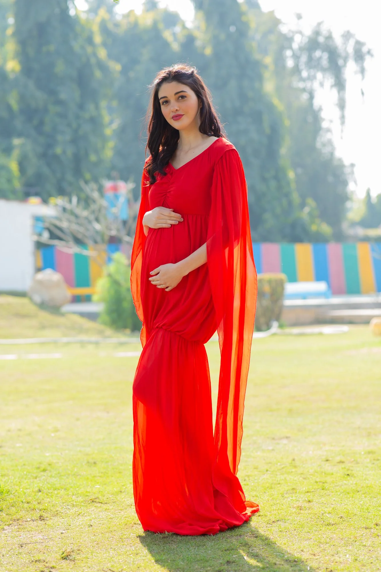 Berry Red Flying Sleeves Maternity Photoshoot Gown - Chenance