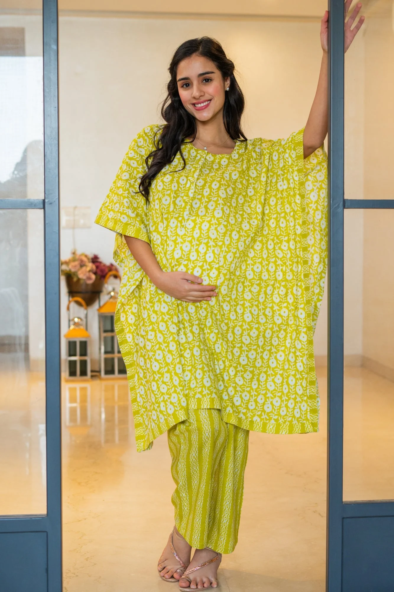 Beautiful Lime Green Maternity & Nursing Kaftan Coord Set (100% Cotton) (2 pc) - Chenance