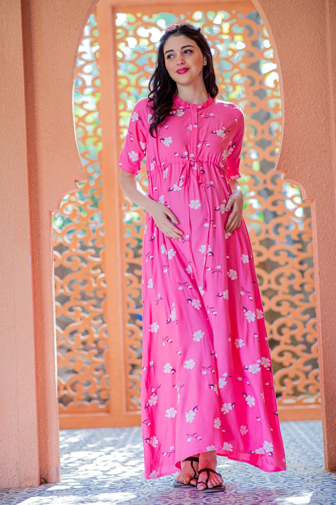 Rose Pink Maternity & Nursing Dress / Delivery Gown/ Night Dress - Chenance