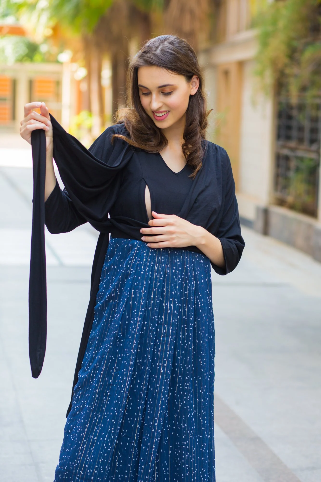 Luxe Blue Chiffon Black Maternity & Nursing Wrap Dress - Chenance