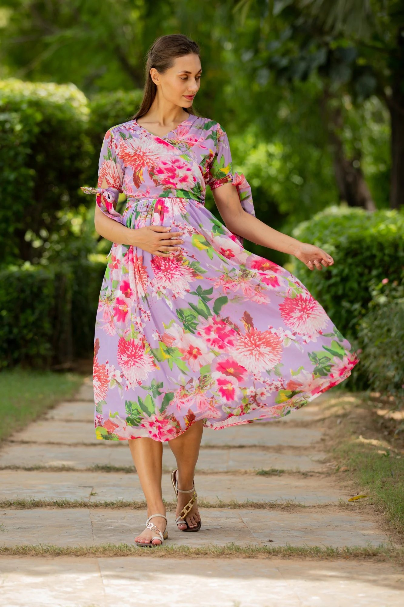 Lavender Bloom Maternity & Nursing Midi Wrap Dress - Chenance