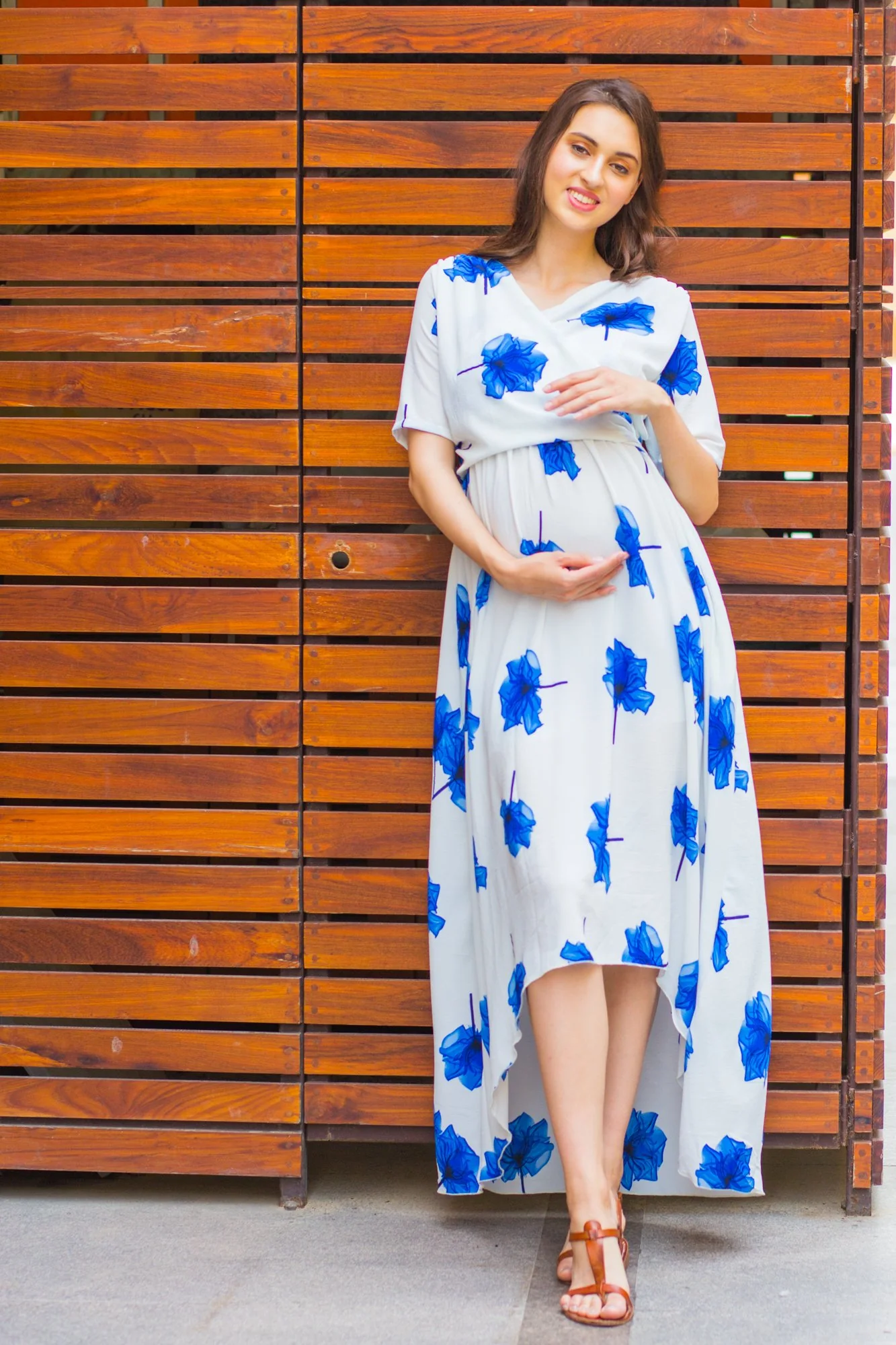 Ice Blue Floral  Hi-Low Maternity & Nursing Wrap Dress - Chenance