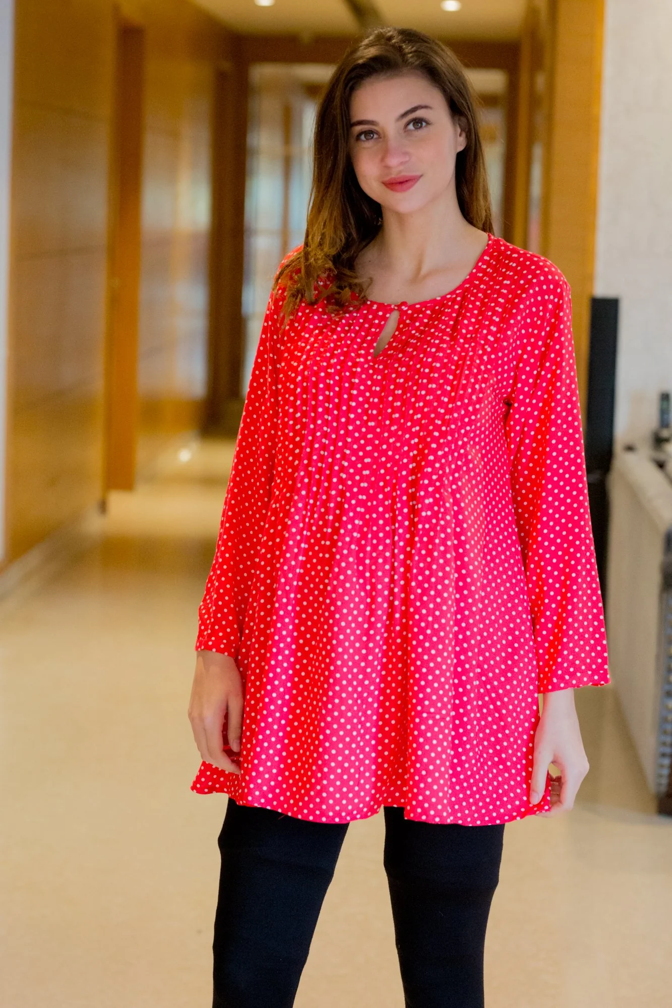 Red Polka Pintucks Maternity & Nursing Top - Chenance
