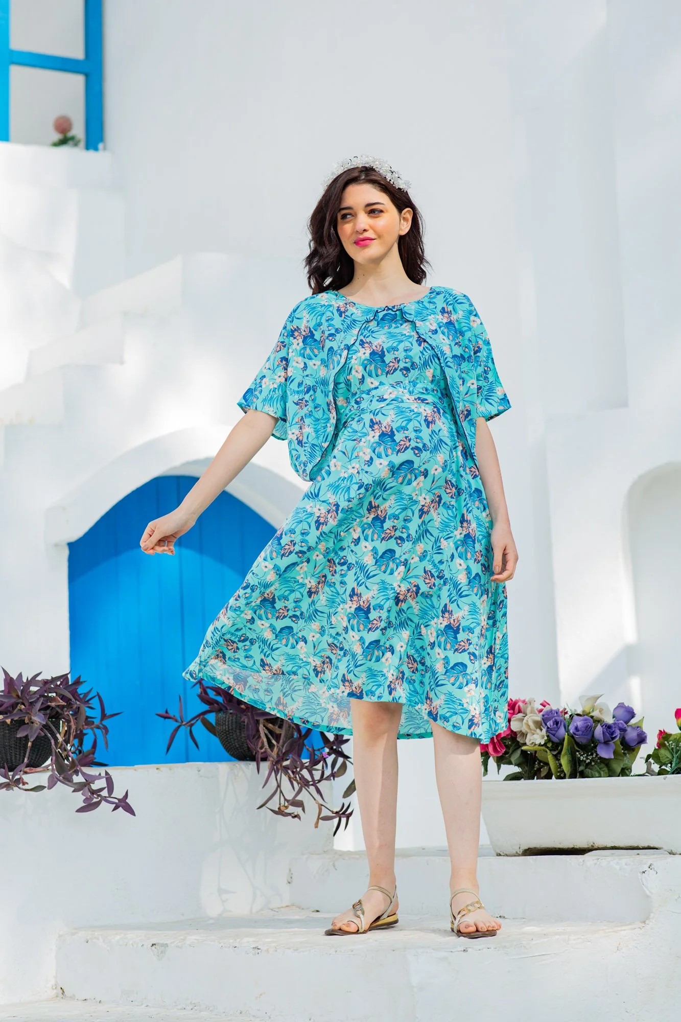 Blue Water Lilly Maternity & Nursing Flap Dress - Chenance