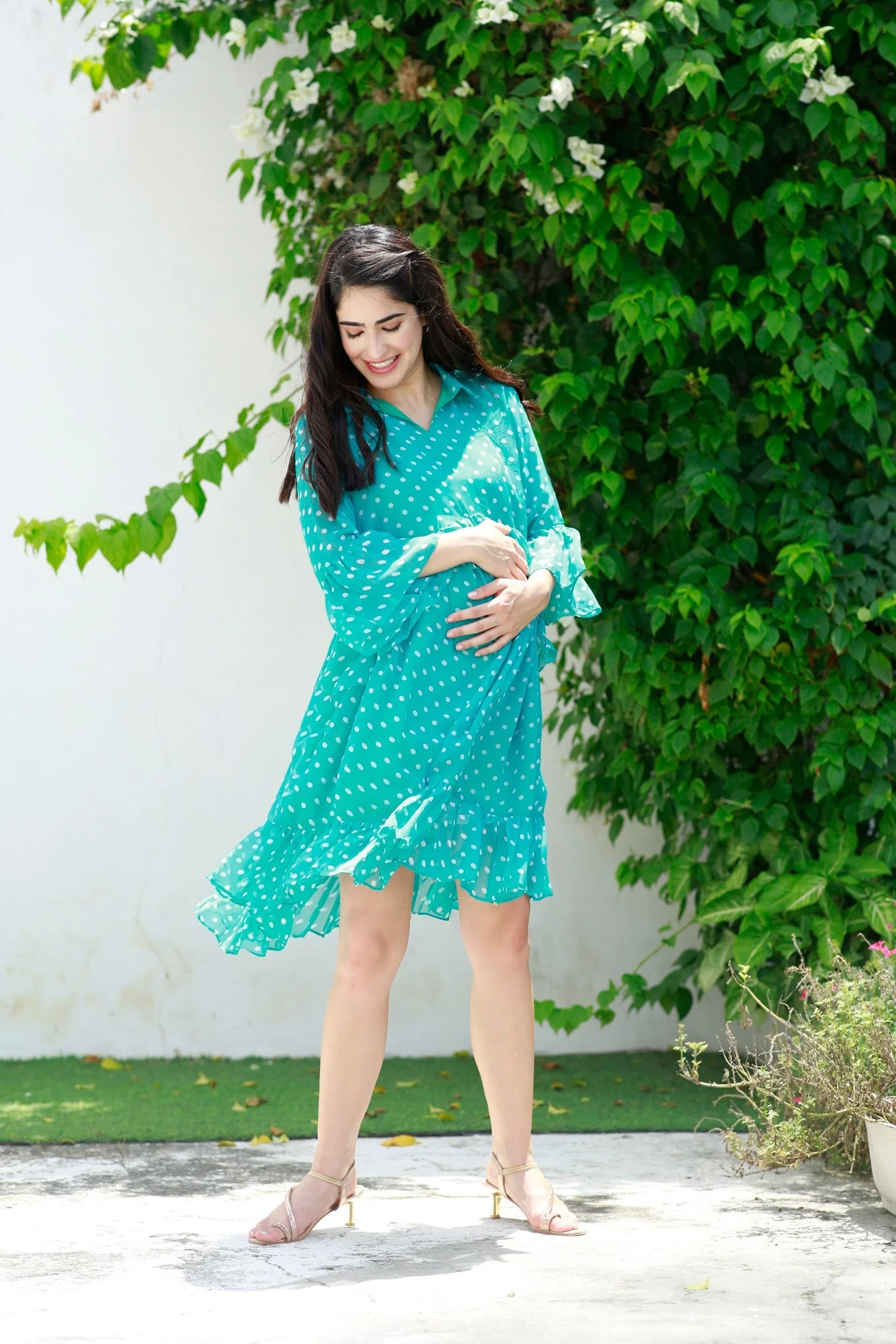 Easy Breezy Sea Green Polka Maternity Knee Frill Dress - Chenance