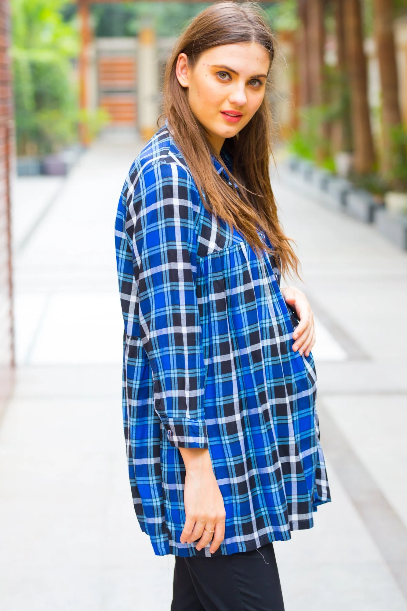 Deep Blue Check Gathered Maternity & Nursing Top - Chenance