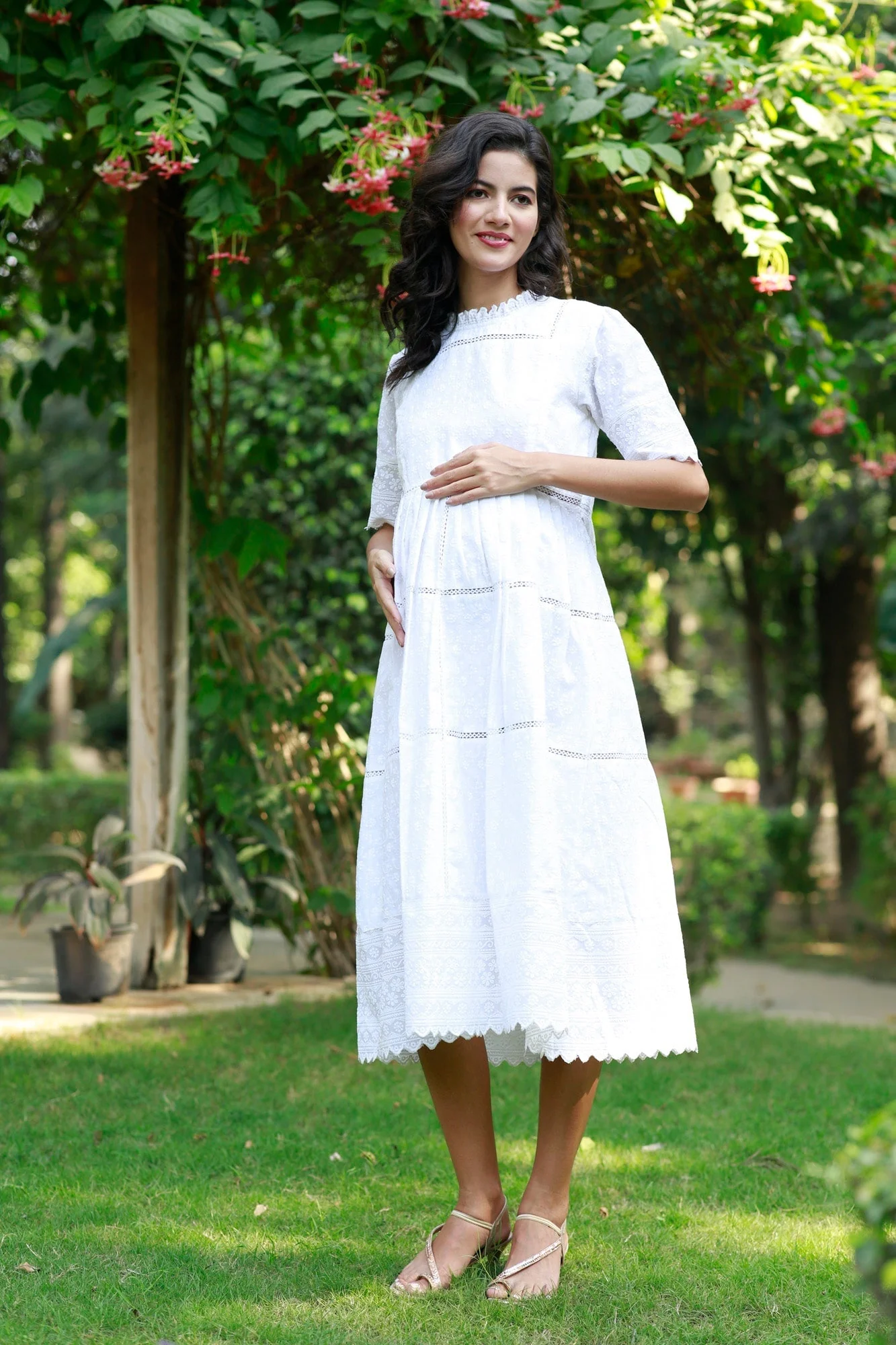Paradise Daisy White Maternity & Nursing Dress (100% Cotton) - Chenance