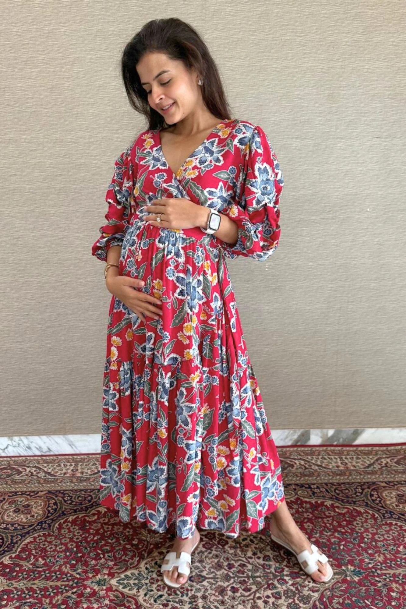 Pink Flower Pop Maternity & Nursing Frill Wrap Dress - Chenance