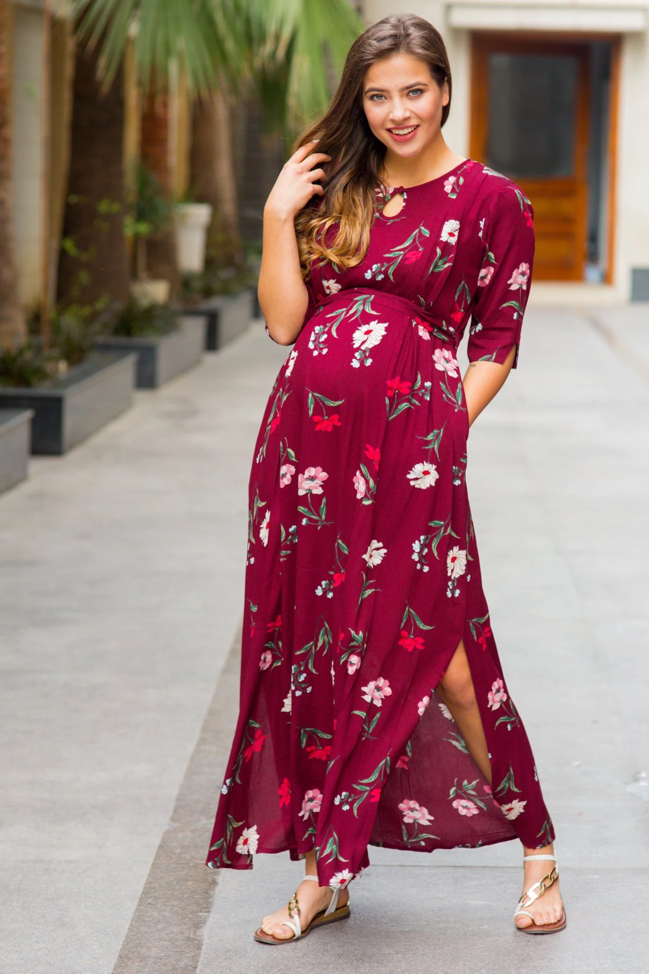 Burgundy Floral Side Slit Concealed Zips Feeding Dress - Chenance