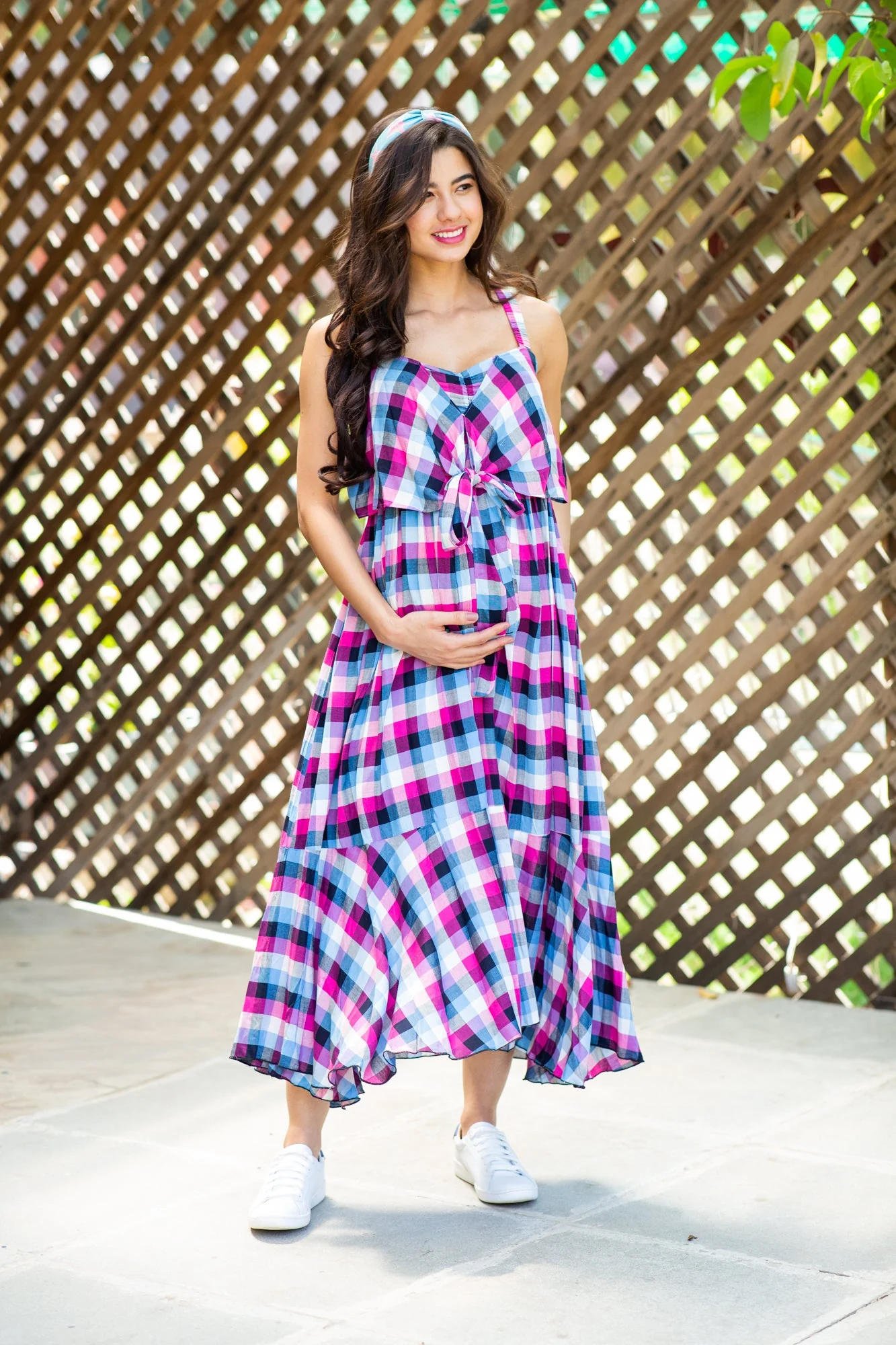 Arctic Pink Gingham Dual Bow Maternity Dress - Chenance