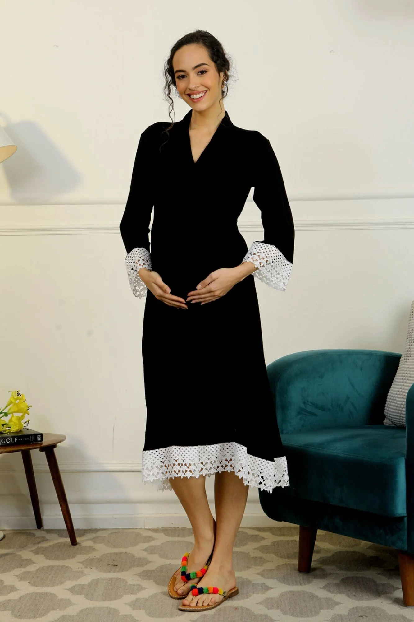 Royal Black Lycra Maternity & Nursing Wrap Nightwear Dress/ Hospital Gown/ Delivery Robes - Chenance