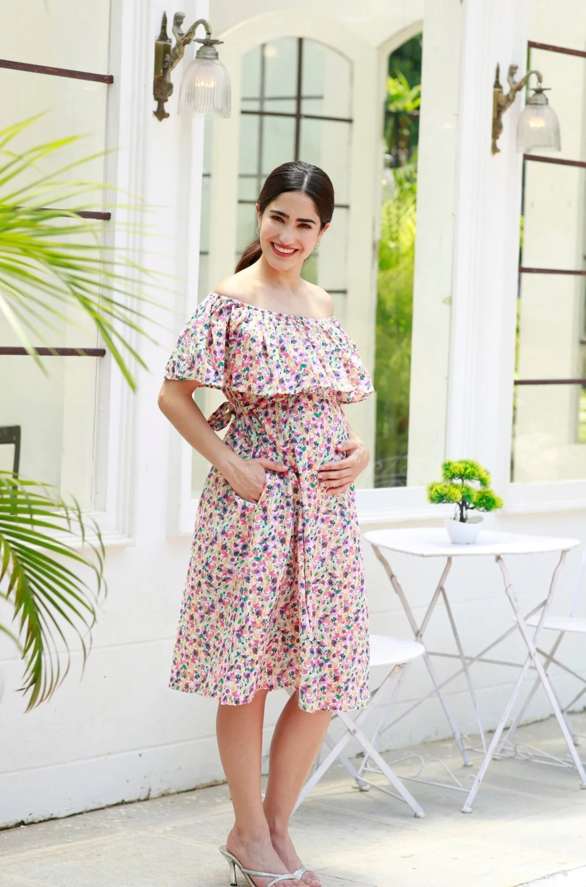 Candy Rosy Pink Off-Shoulder Maternity Frill Dress - Chenance