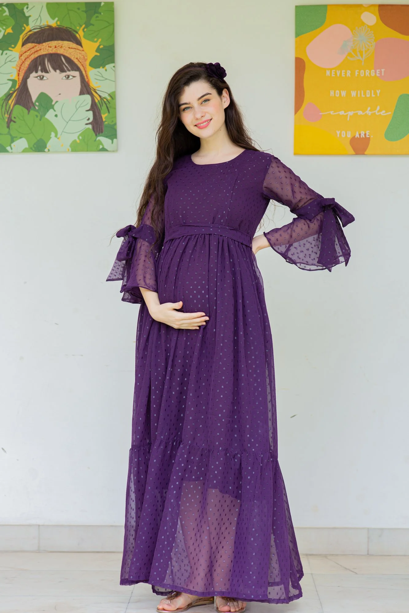 Brinjal Purple Maternity & Nursing Frill Dress - Chenance