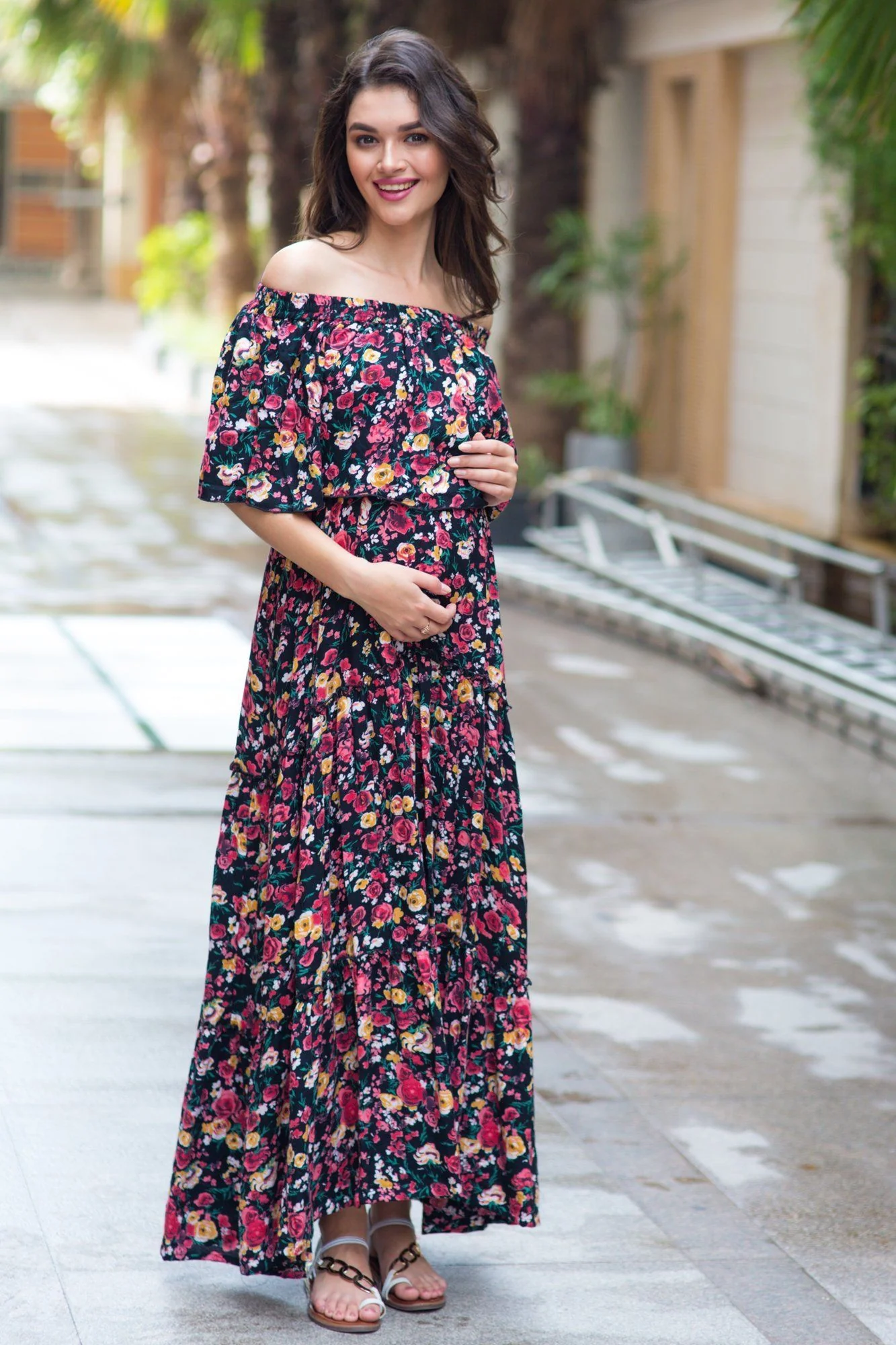 Midnight Blossom Off-Shoulder Maternity Maxi Dress - Chenance