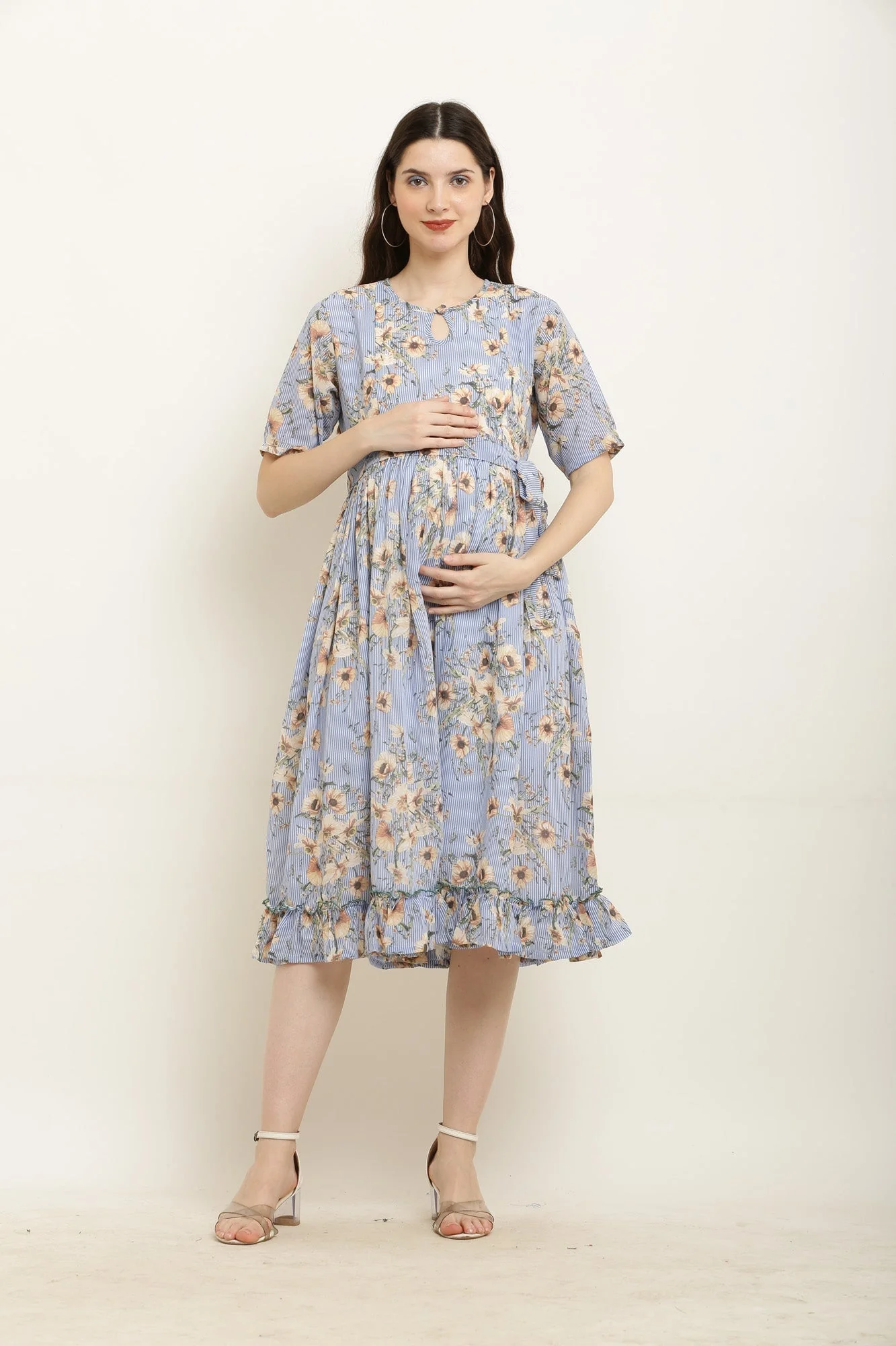 Ice Blue Daisy Frill Concealed Zips Nursing Dress - Chenance