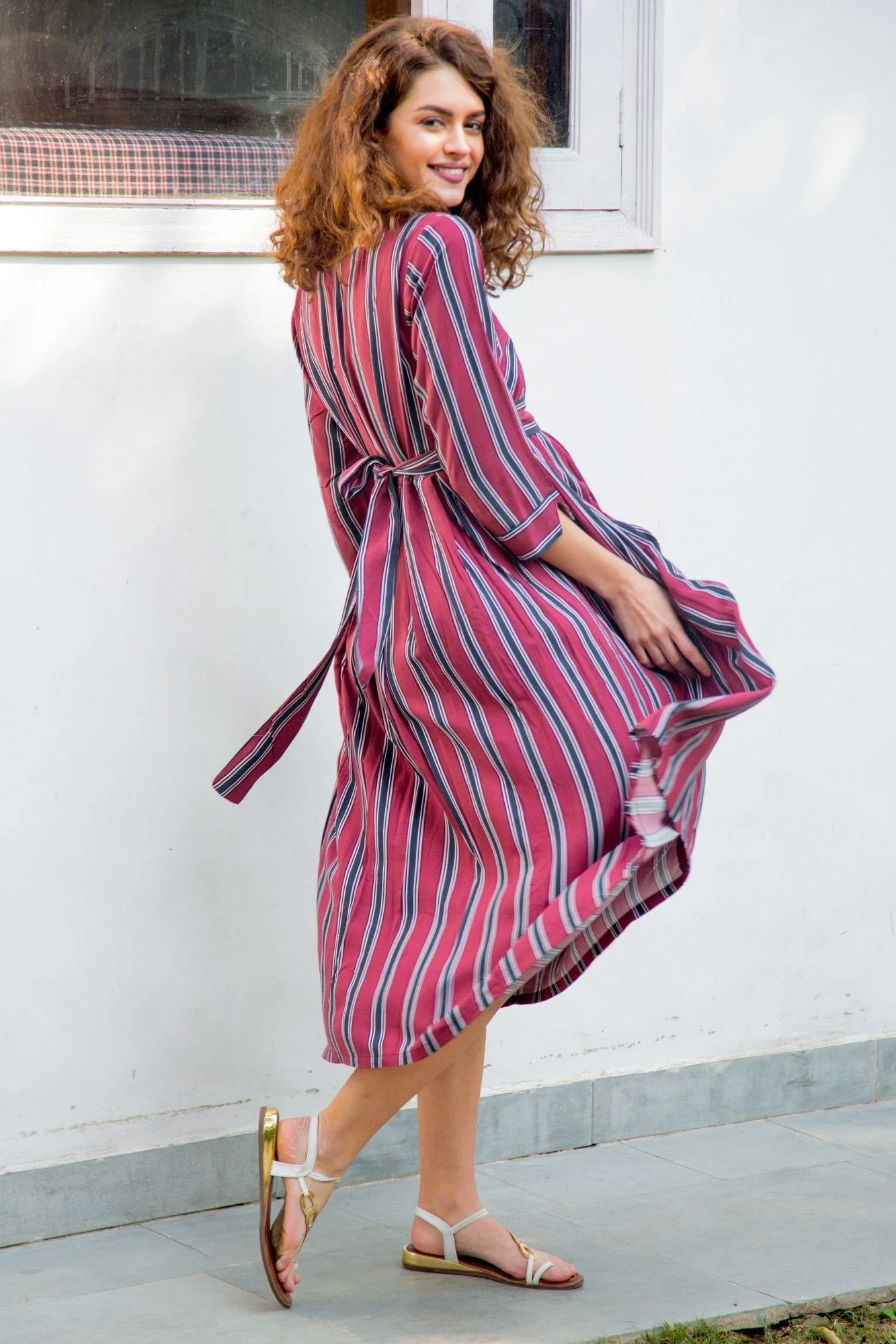 Maroon Striped Pocket Maternity & Nursing Dress - Chenance
