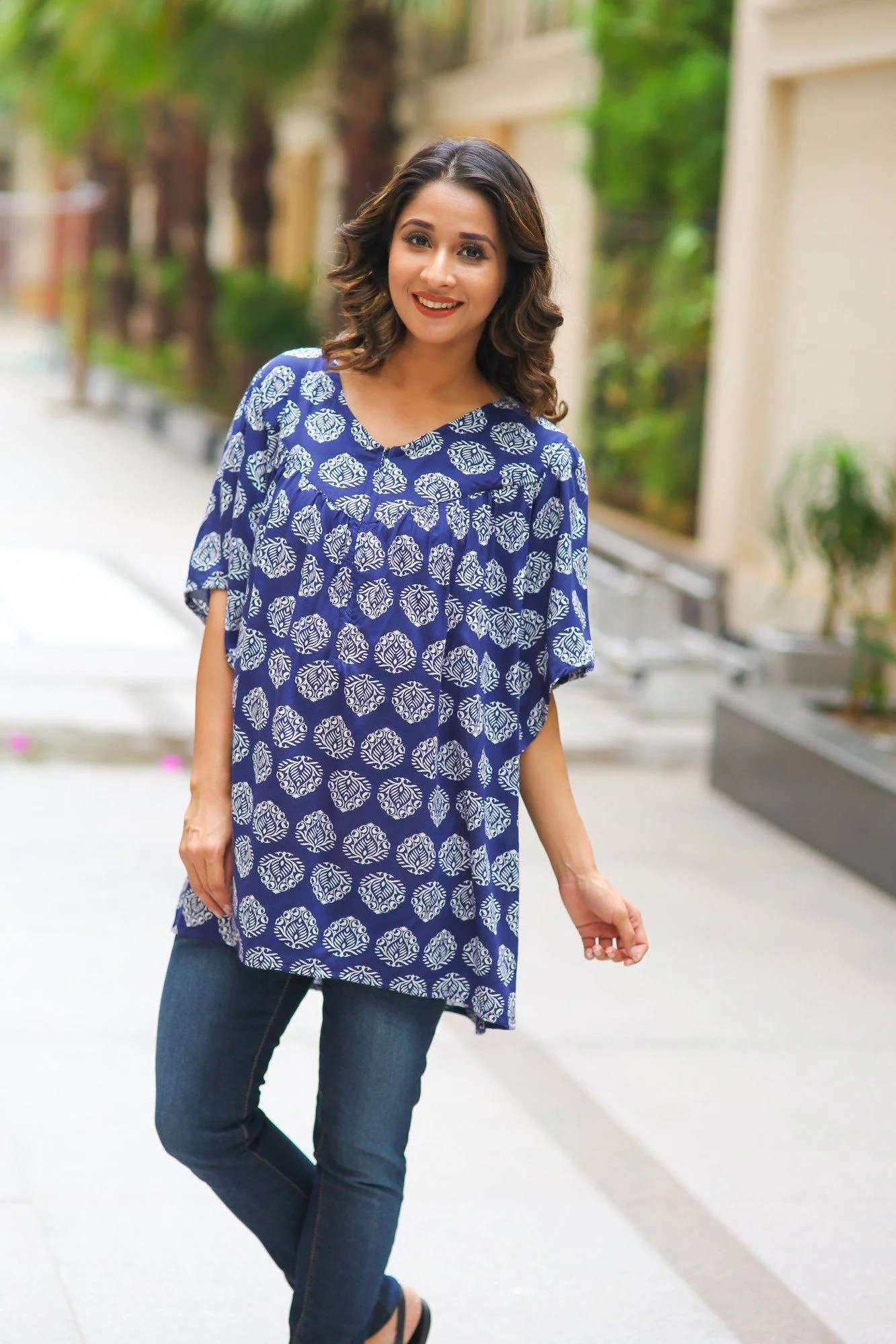 V-Neck Boho Block Print Maternity & Nursing Top - Chenance