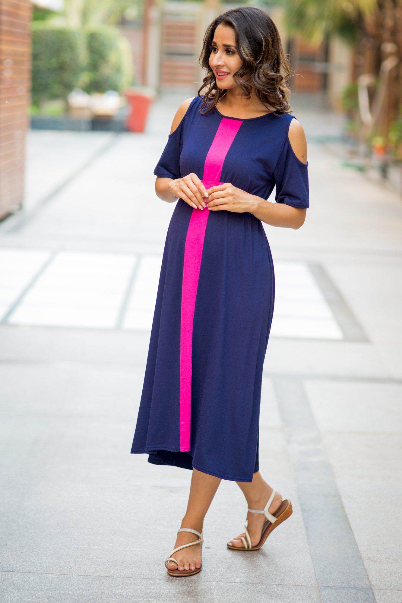 Midnight Blue Cold Shoulder Stretchable Maternity Dress - Chenance