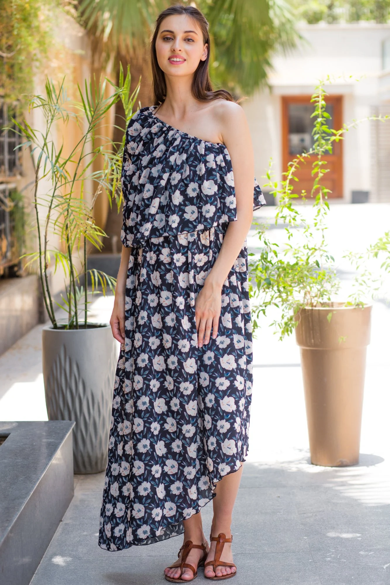Ebony Floral Side Shoulder Hi Low Maternity Maxi Dress - Chenance
