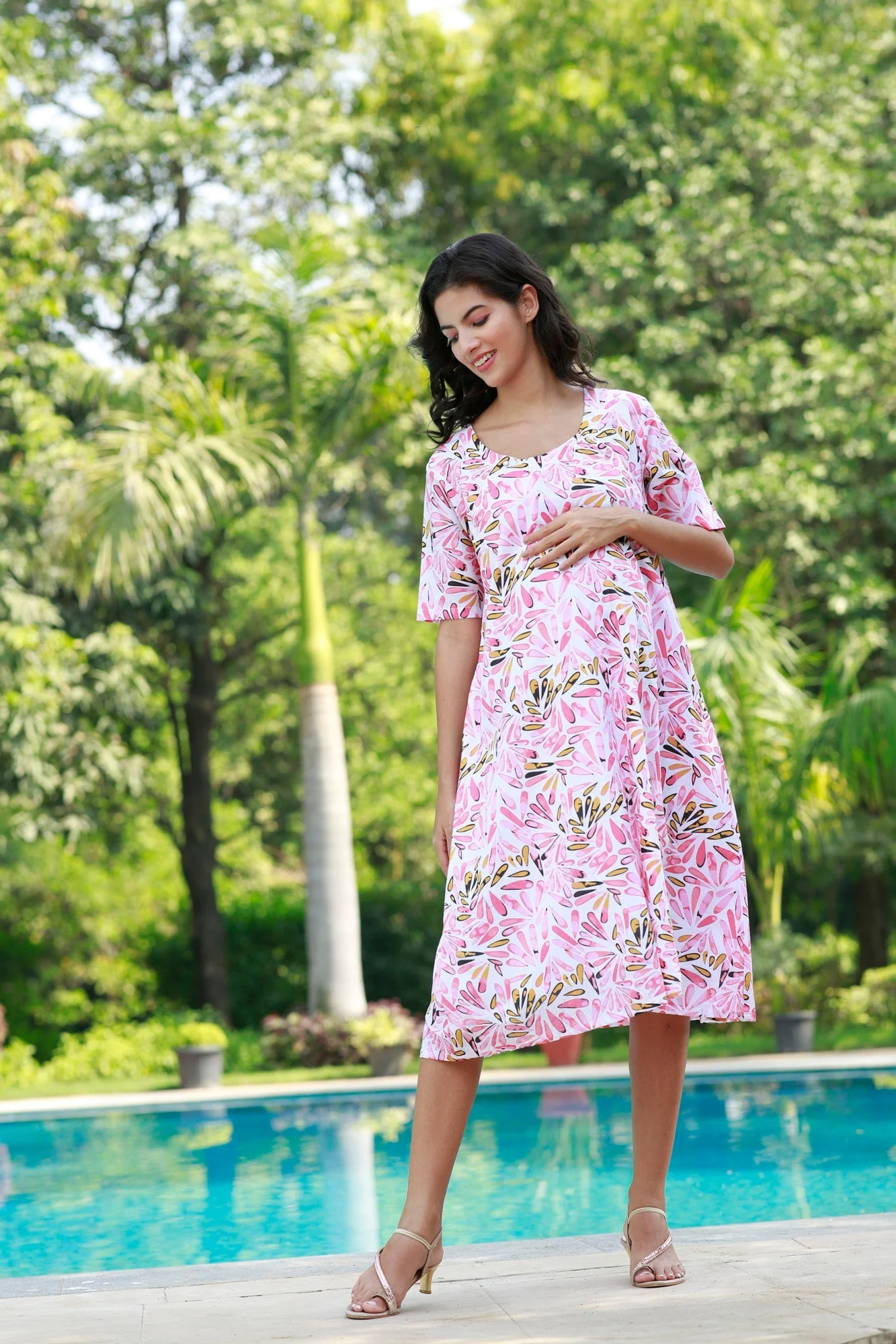 Peppy Pink Floral Shoulder Snap Maternity & Nursing Dress - Chenance