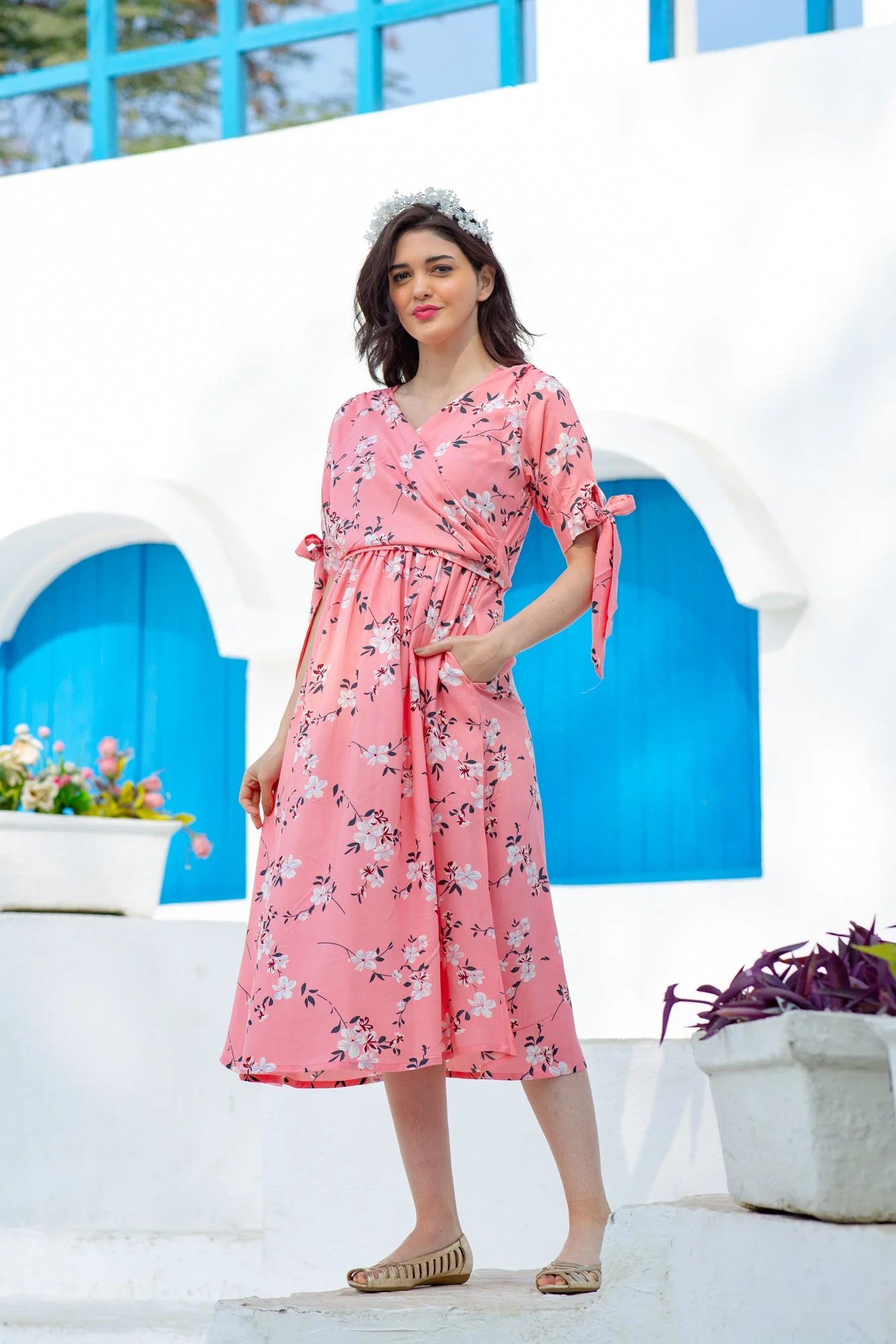 Soft Pink Blossom Maternity & Nursing Wrap Midi Dress - Chenance