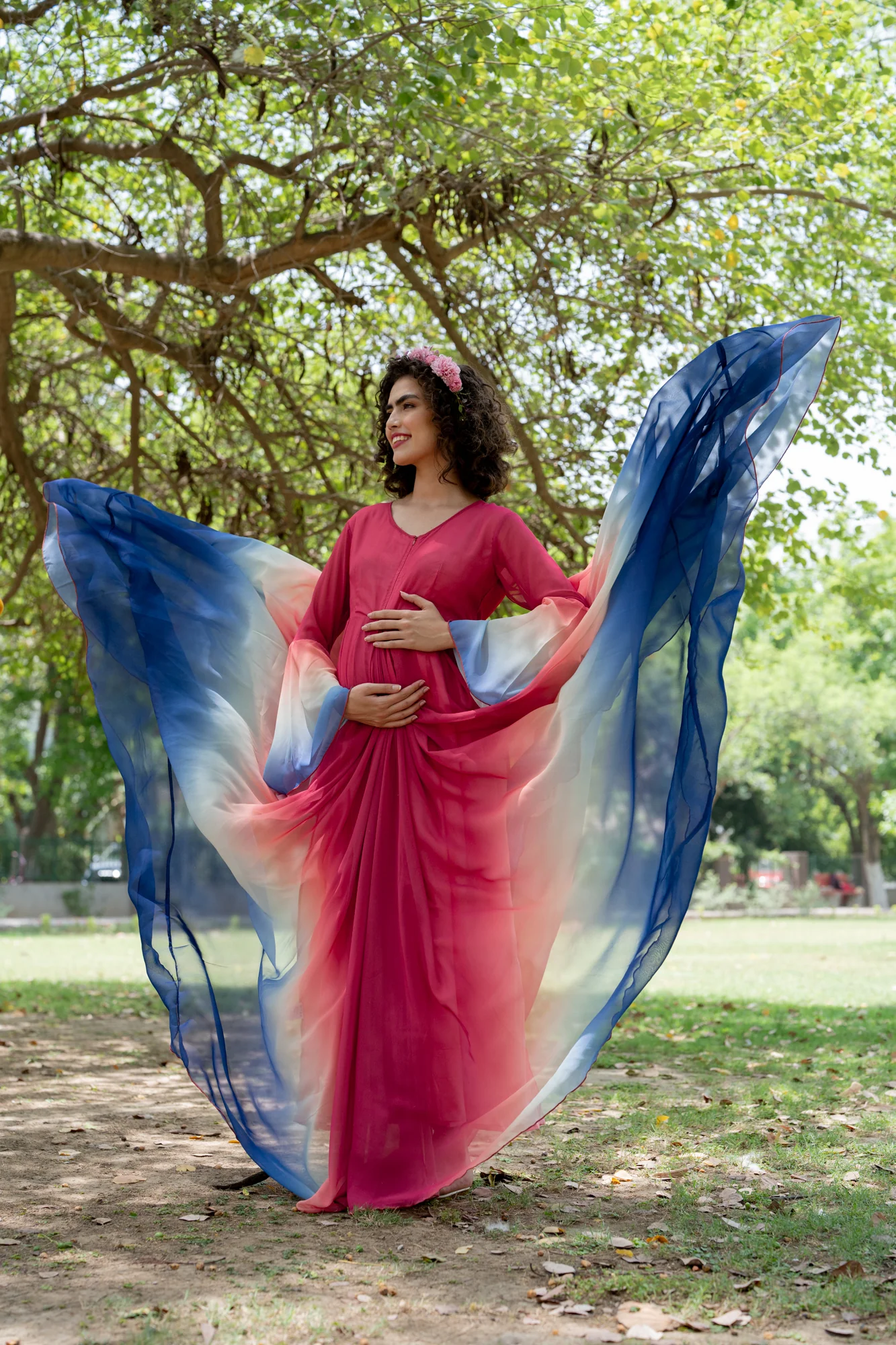 Luxe Pleasing Raspberry Blue Maternity & Nursing Flair Photoshoot Gown - Chenance