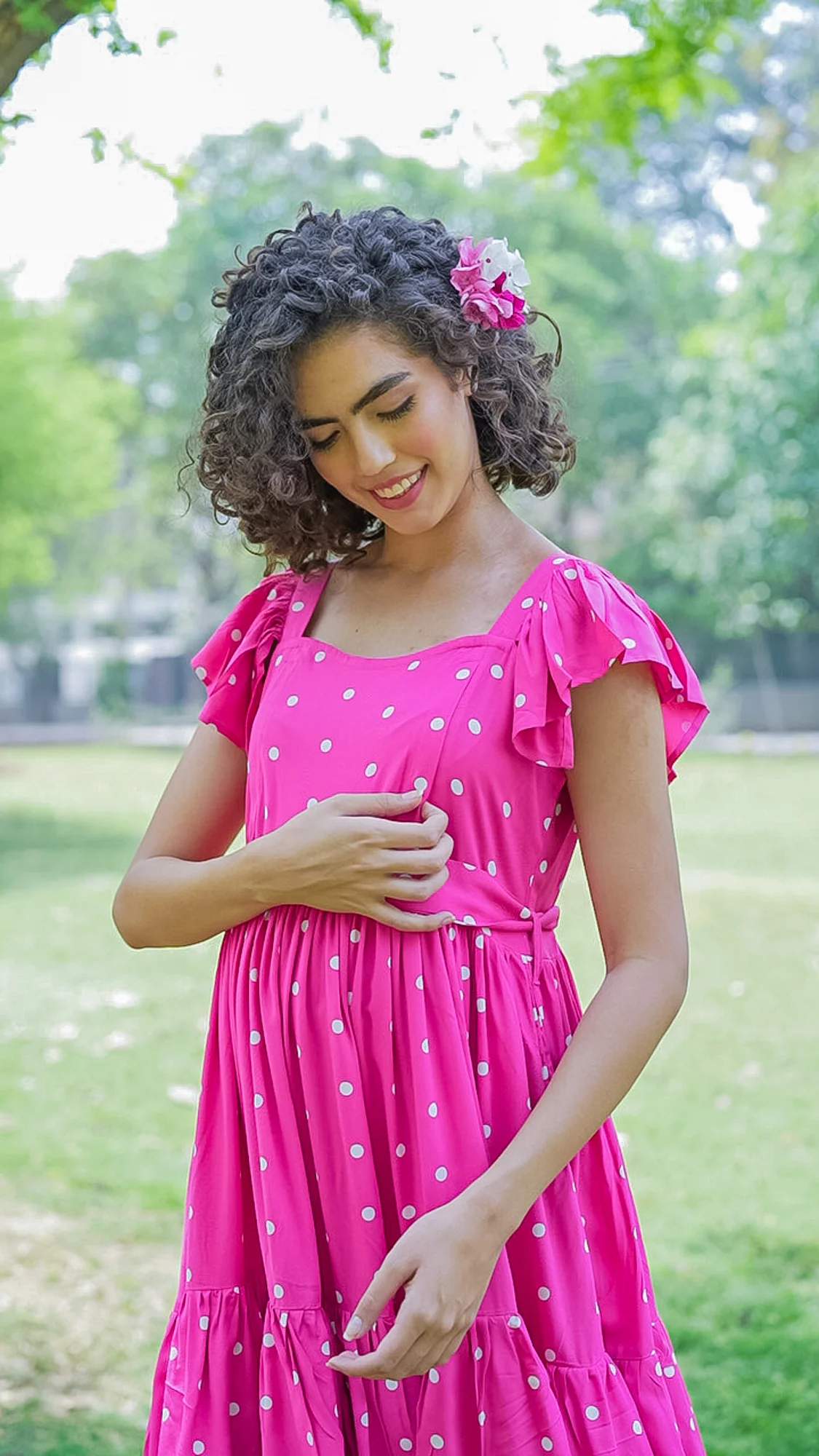 Lovable Fuchsia Baby Polka Maternity & Nursing Frill Dress (100% Cotton) - Chenance