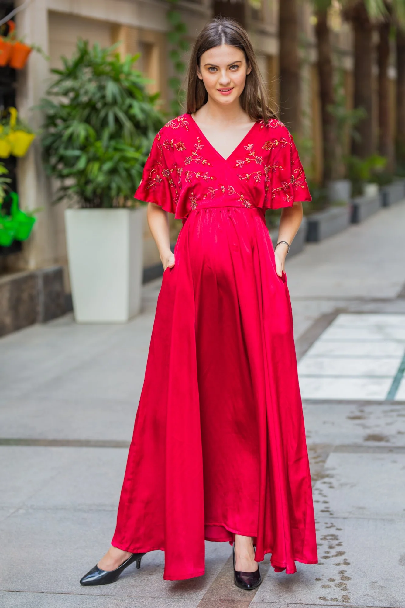 Luxe Blush Red Maternity & Nursing Dress - Chenance