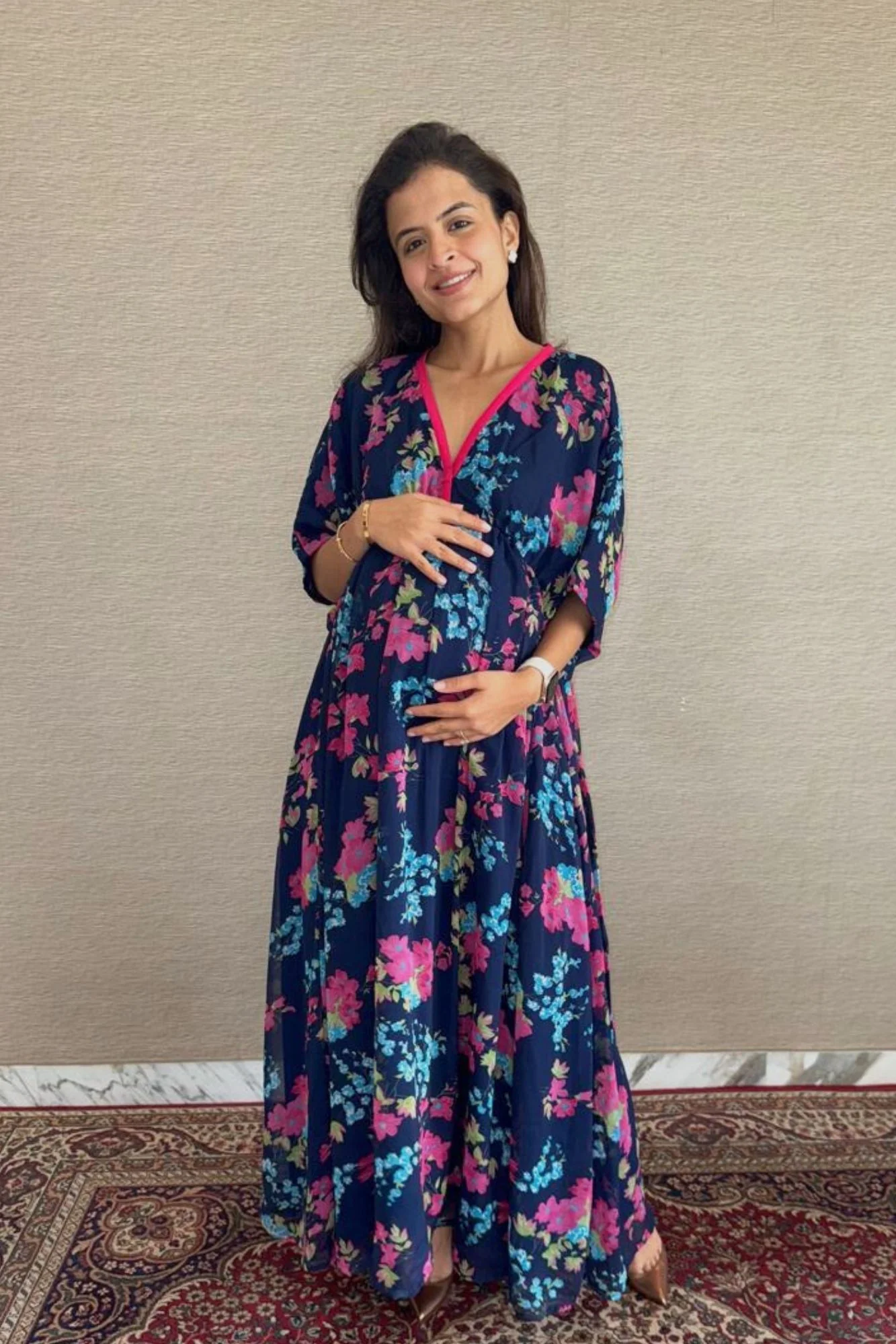 Midnight Blue Floral Maternity Kaftan Dress - Chenance