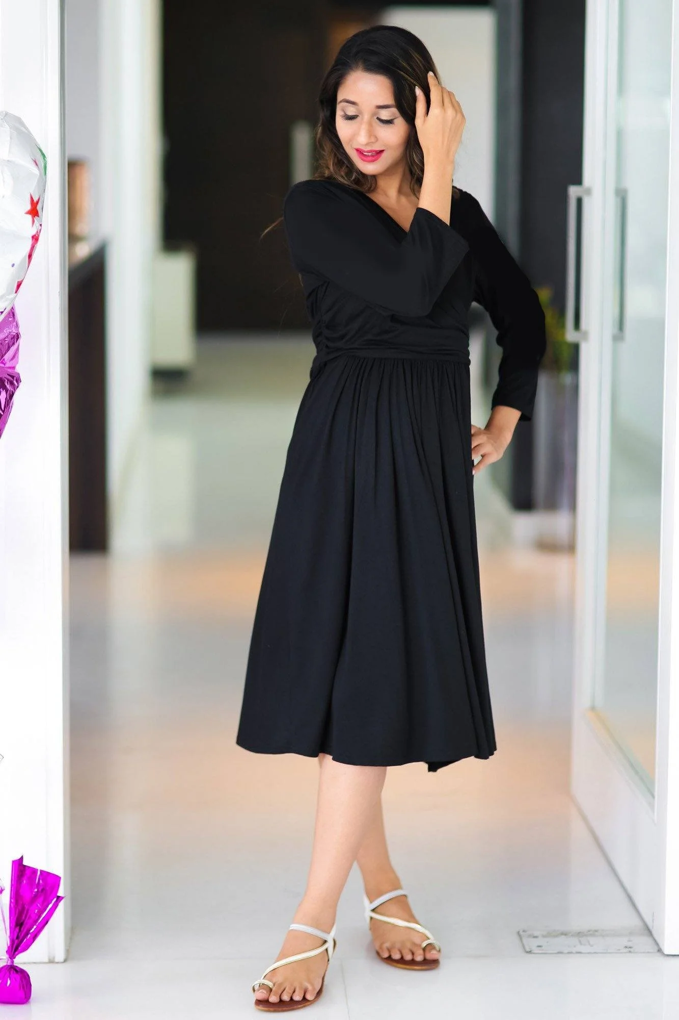 Classic Black Wrap Tie Maternity & Nursing Dress - Chenance