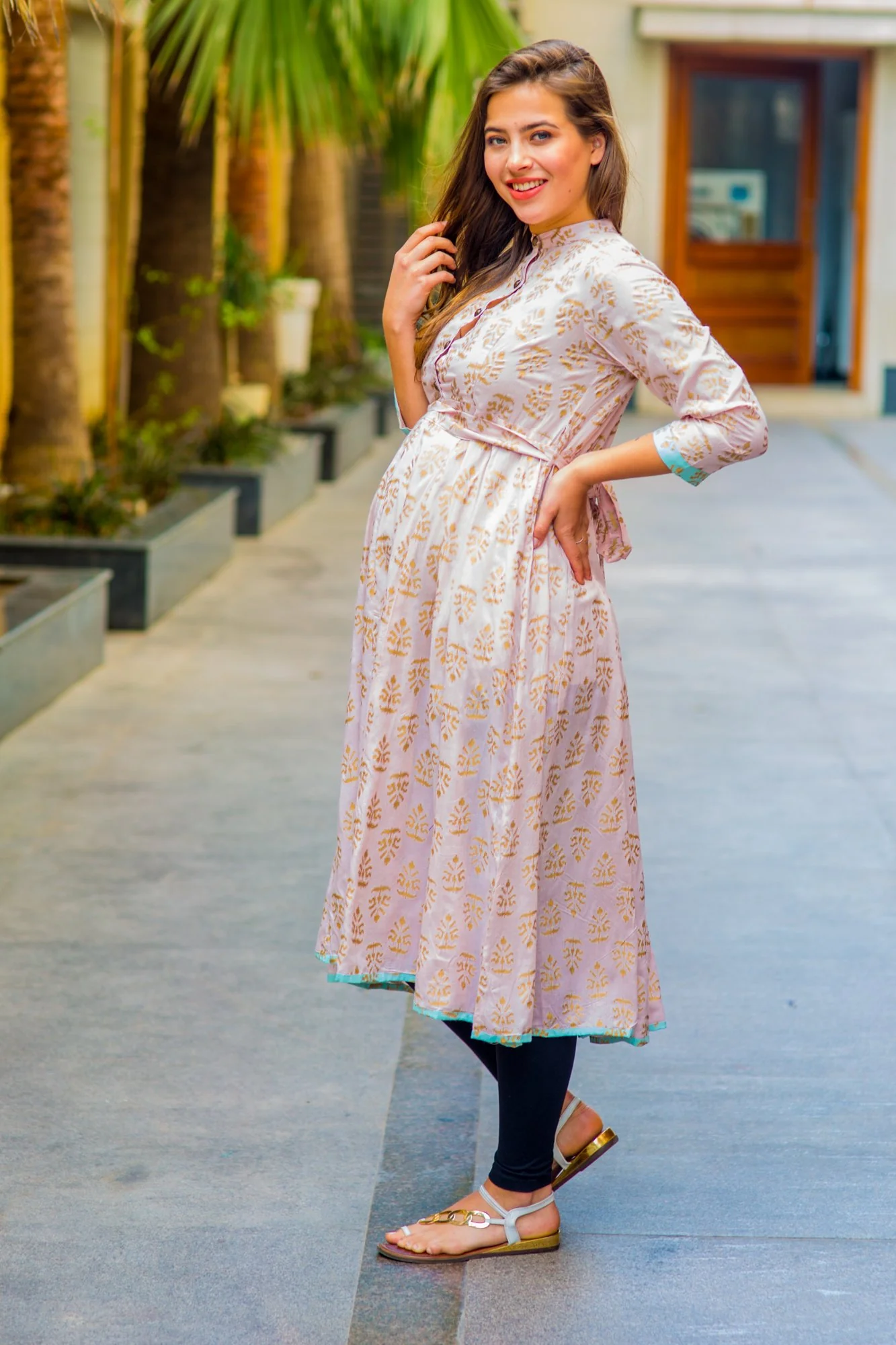 Pastel Pink Gold Block Print Silk Maternity & Nursing Kurta - Chenance