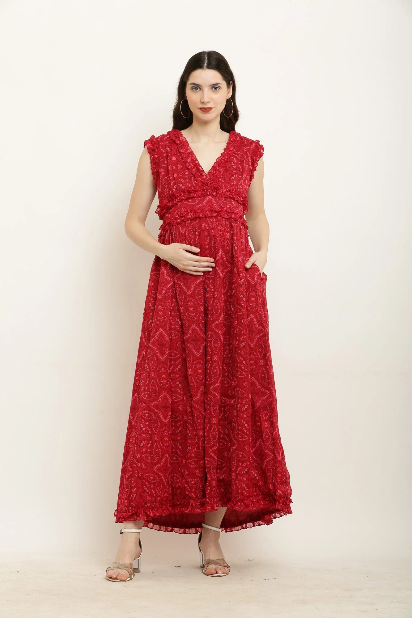 Poppy Red Ethnic Print Maternity Chiffon Dress - Chenance