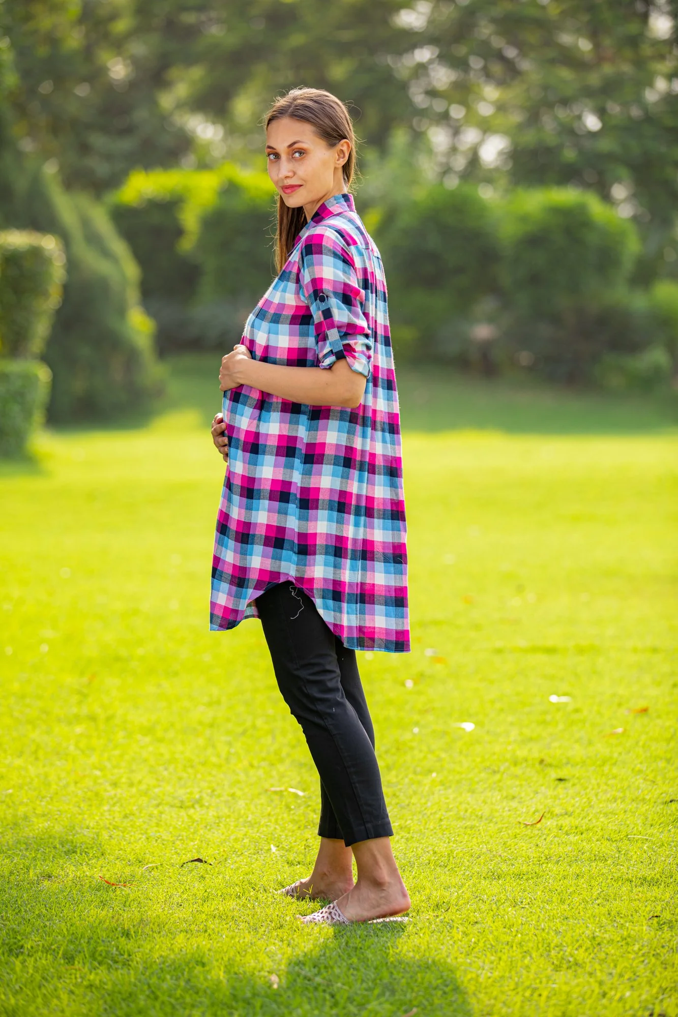 French Rose Plaid Versatile Maternity & Nursing Shirt Dress - Chenance