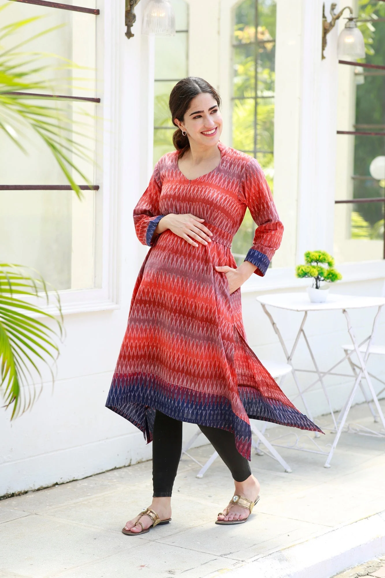 Graceful Reddish Ikat Front Zip Maternity & Nursing Kurta (100% Cotton) - Chenance