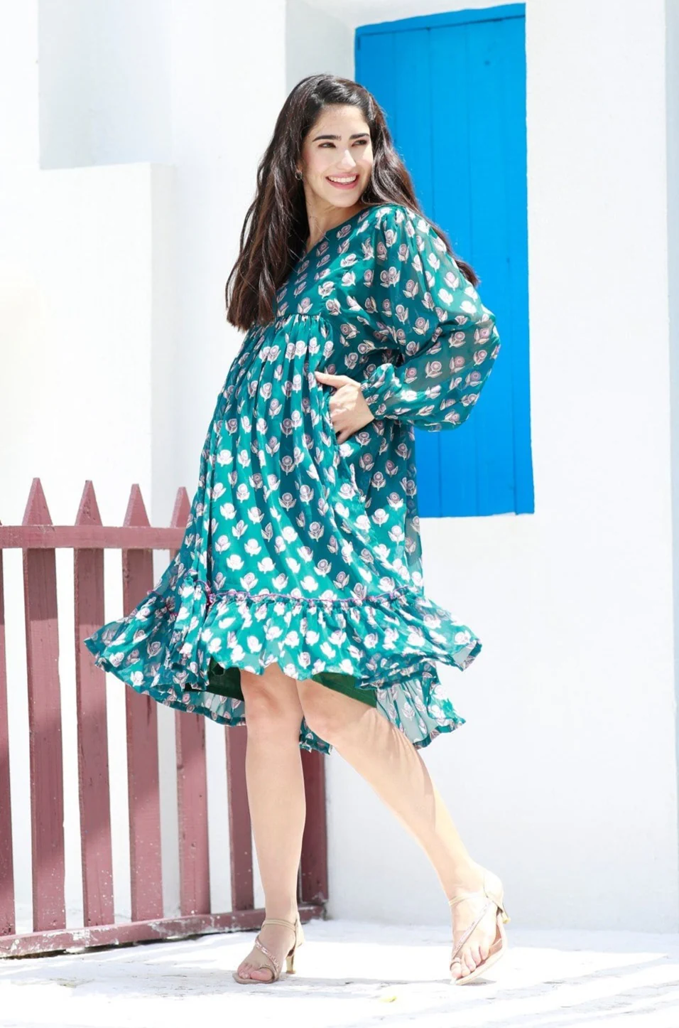 Breezy Emerald Floral Maternity Knee Frill Dress - Chenance