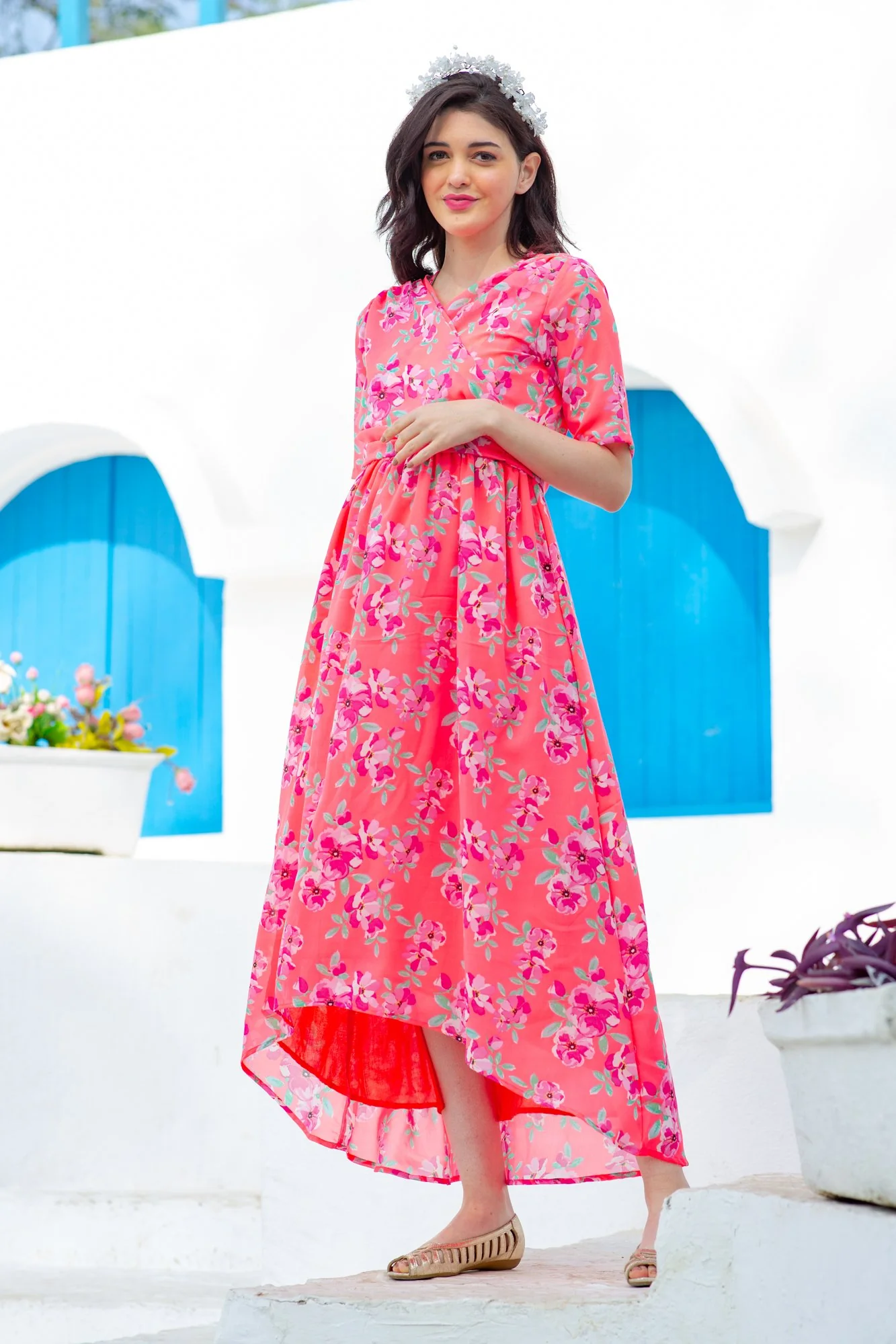 Neon Pink  Paradise Maternity & Nursing Hi-Low Wrap Dress - Chenance