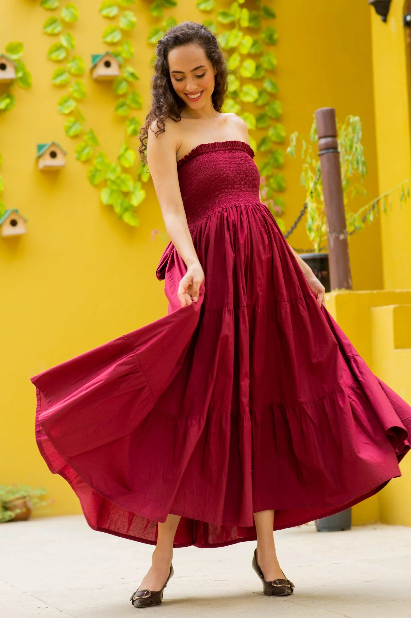 Elegant Rosewood Off Shoulder Maternity Frill Dress (100% Cotton) - Chenance