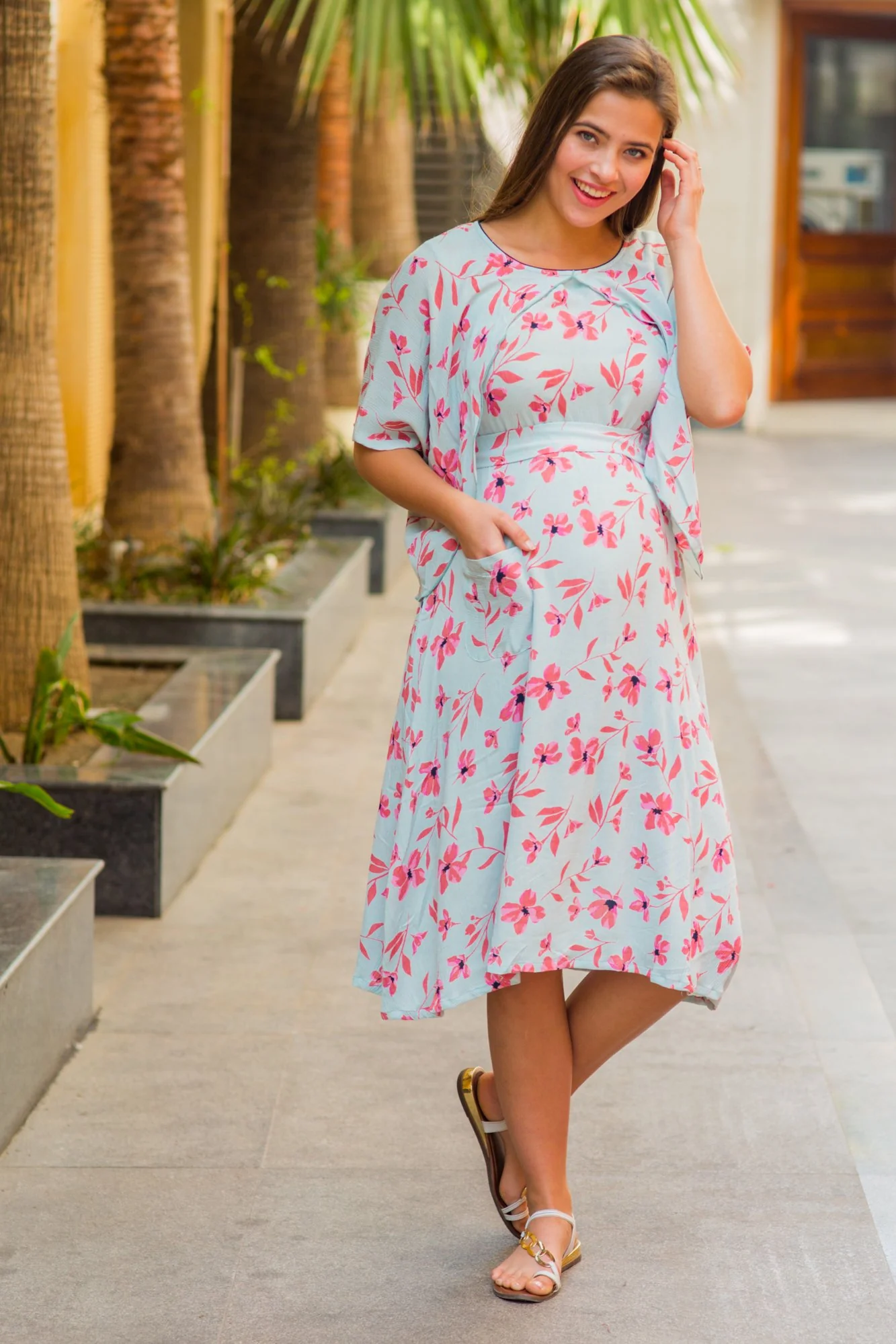Ice Blue Floral Maternity & Nursing Flap Dress - Chenance