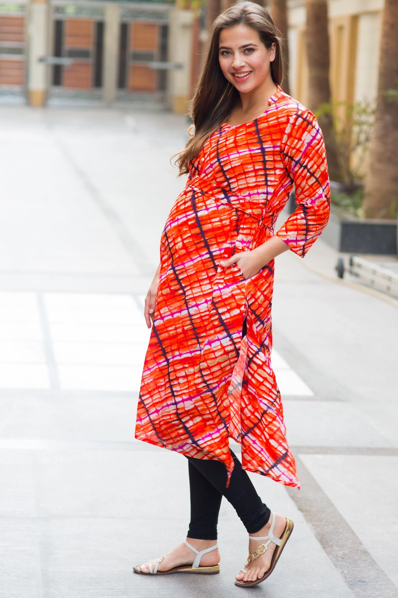 Abstract Saffron Cotton Maternity & Nursing Kurta - Chenance